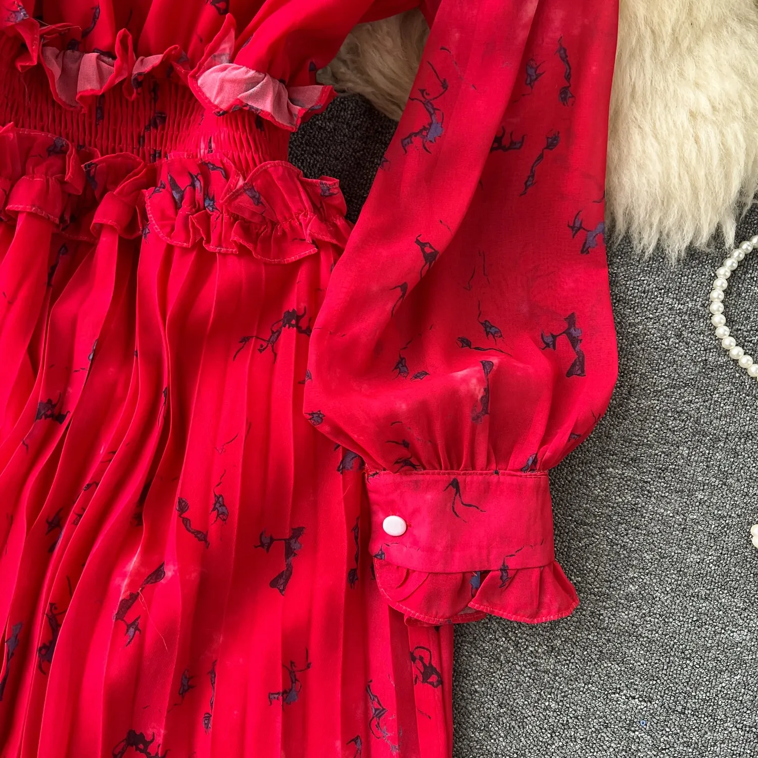 Courtly Pleated Floral Chiffon Dress