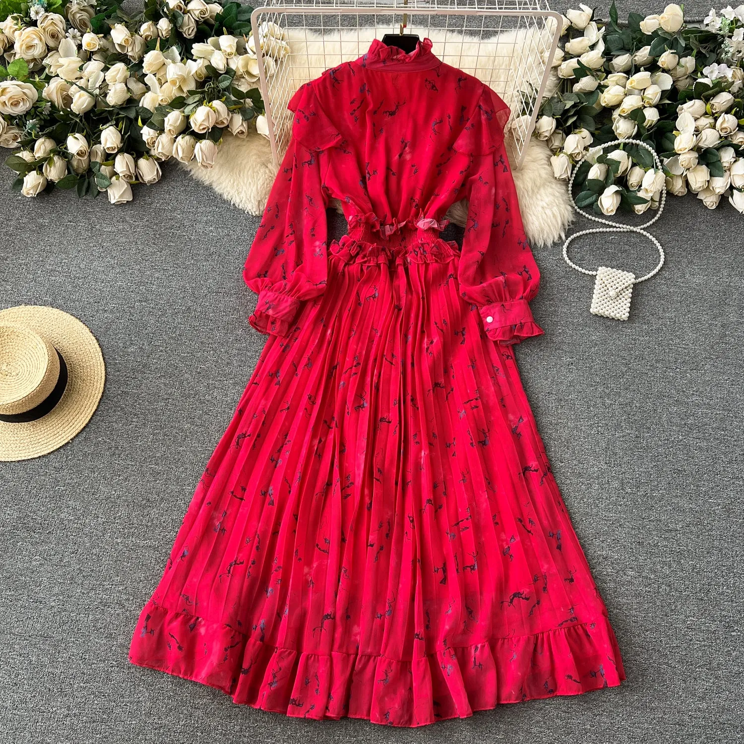 Courtly Pleated Floral Chiffon Dress