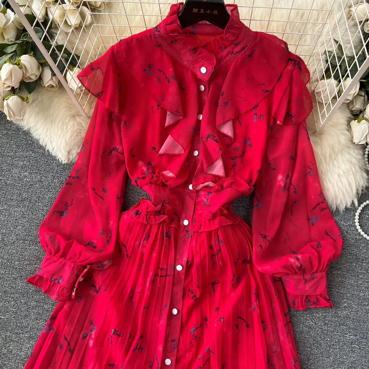 Courtly Pleated Floral Chiffon Dress