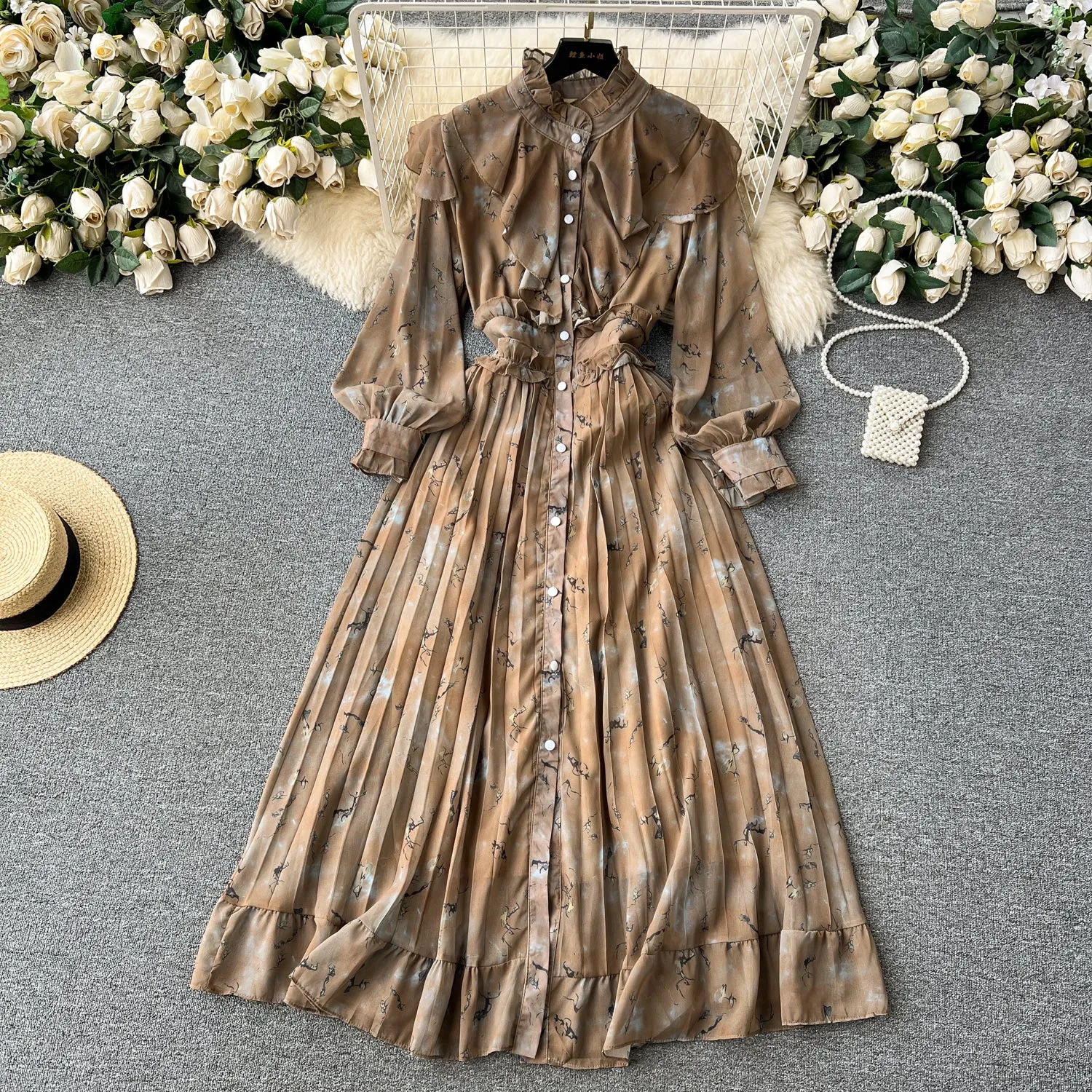 Courtly Pleated Floral Chiffon Dress