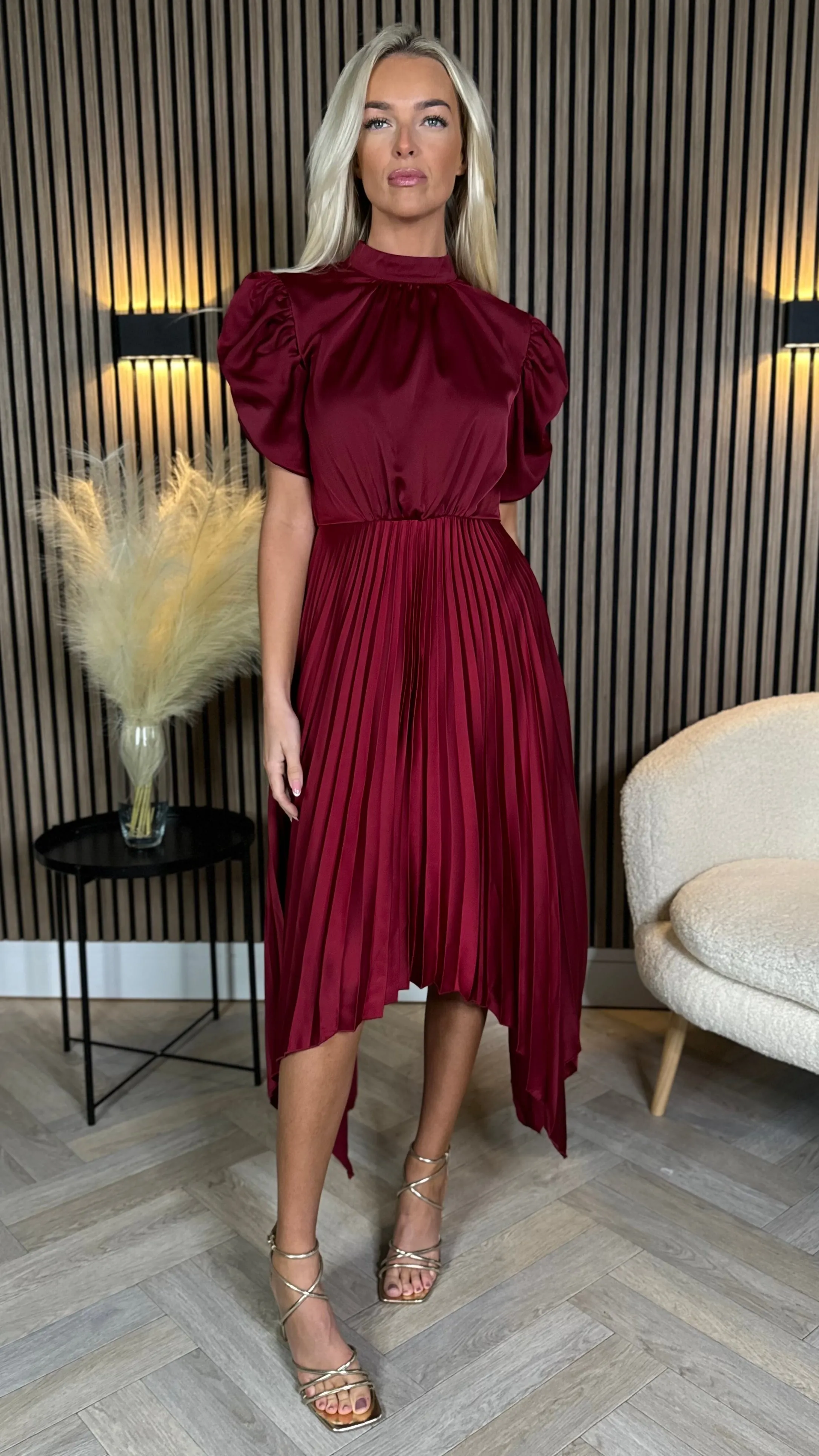 Cressida Burgundy High Neck Puff Sleeve Pleated Midi Dress