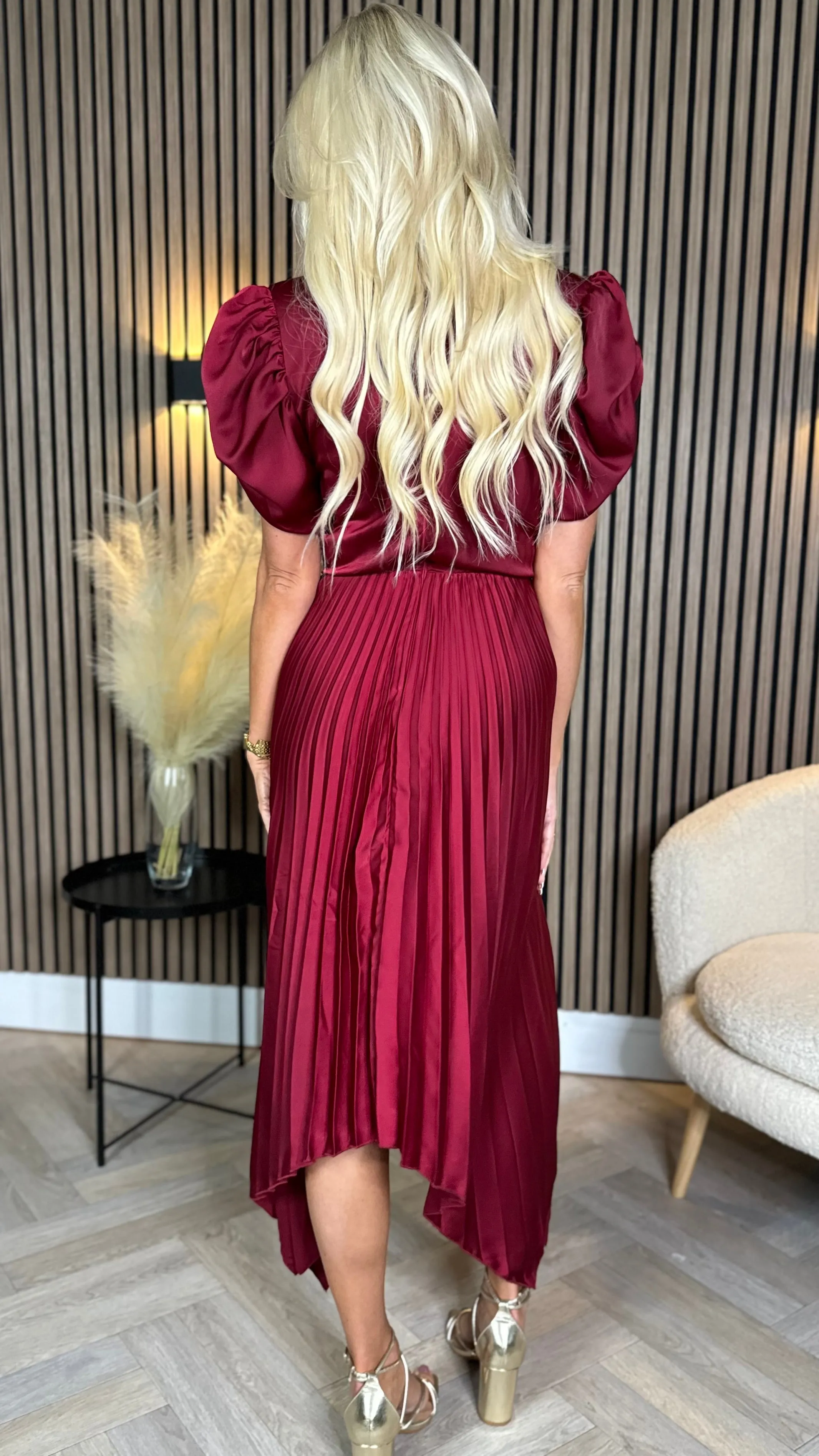 Cressida Burgundy High Neck Puff Sleeve Pleated Midi Dress