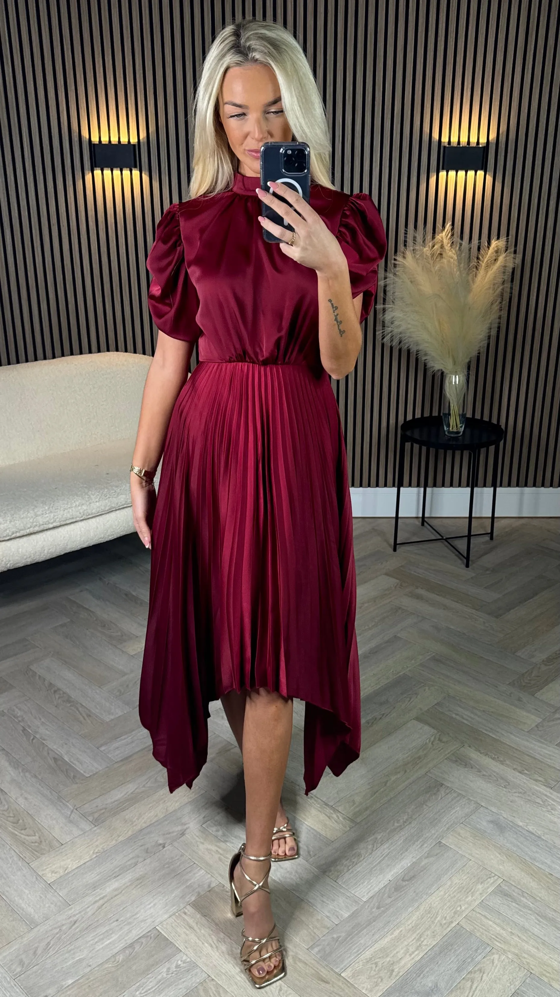 Cressida Burgundy High Neck Puff Sleeve Pleated Midi Dress
