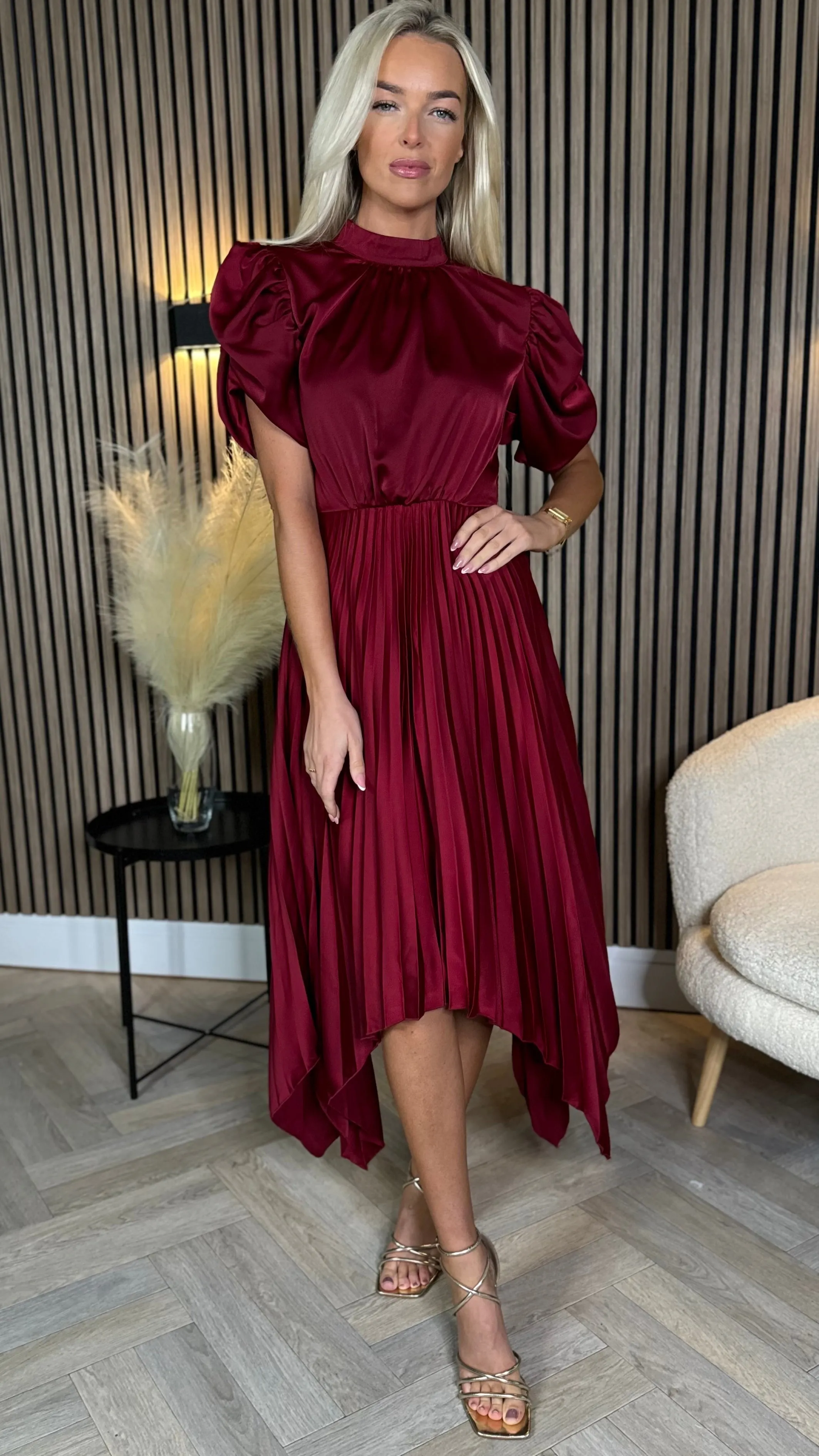 Cressida Burgundy High Neck Puff Sleeve Pleated Midi Dress