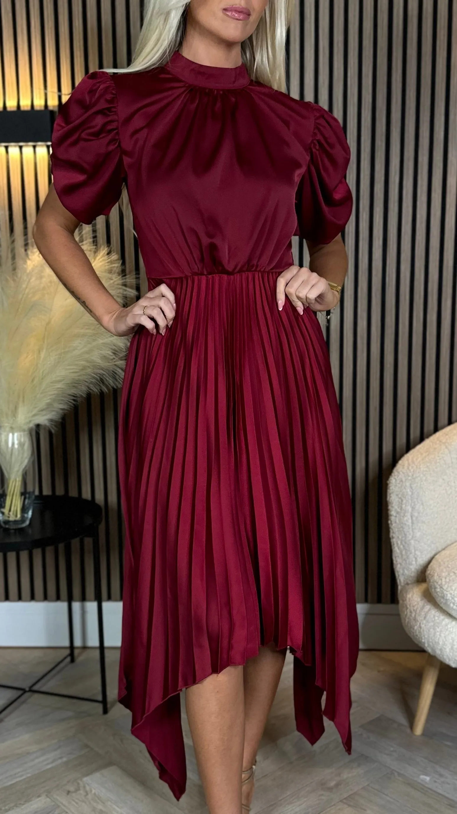 Cressida Burgundy High Neck Puff Sleeve Pleated Midi Dress
