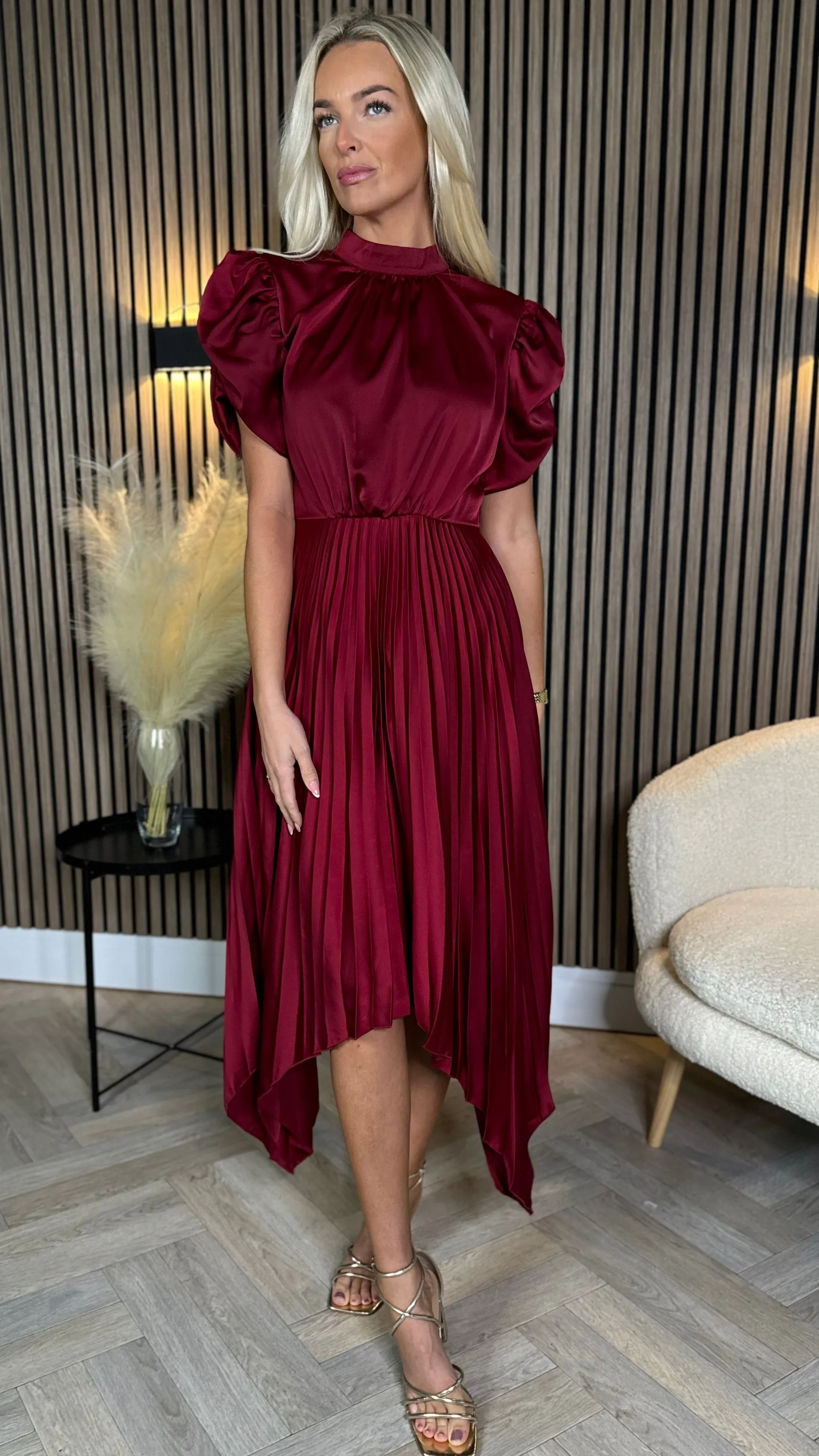 Cressida Burgundy High Neck Puff Sleeve Pleated Midi Dress