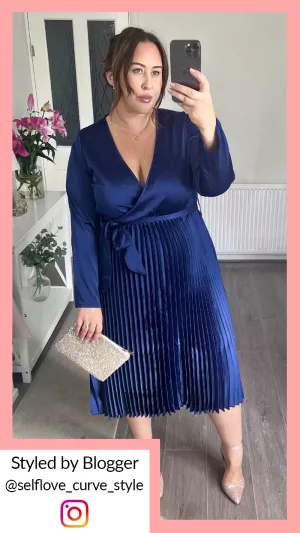 CurveWow Long Sleeve Pleated Wrap Dress Navy