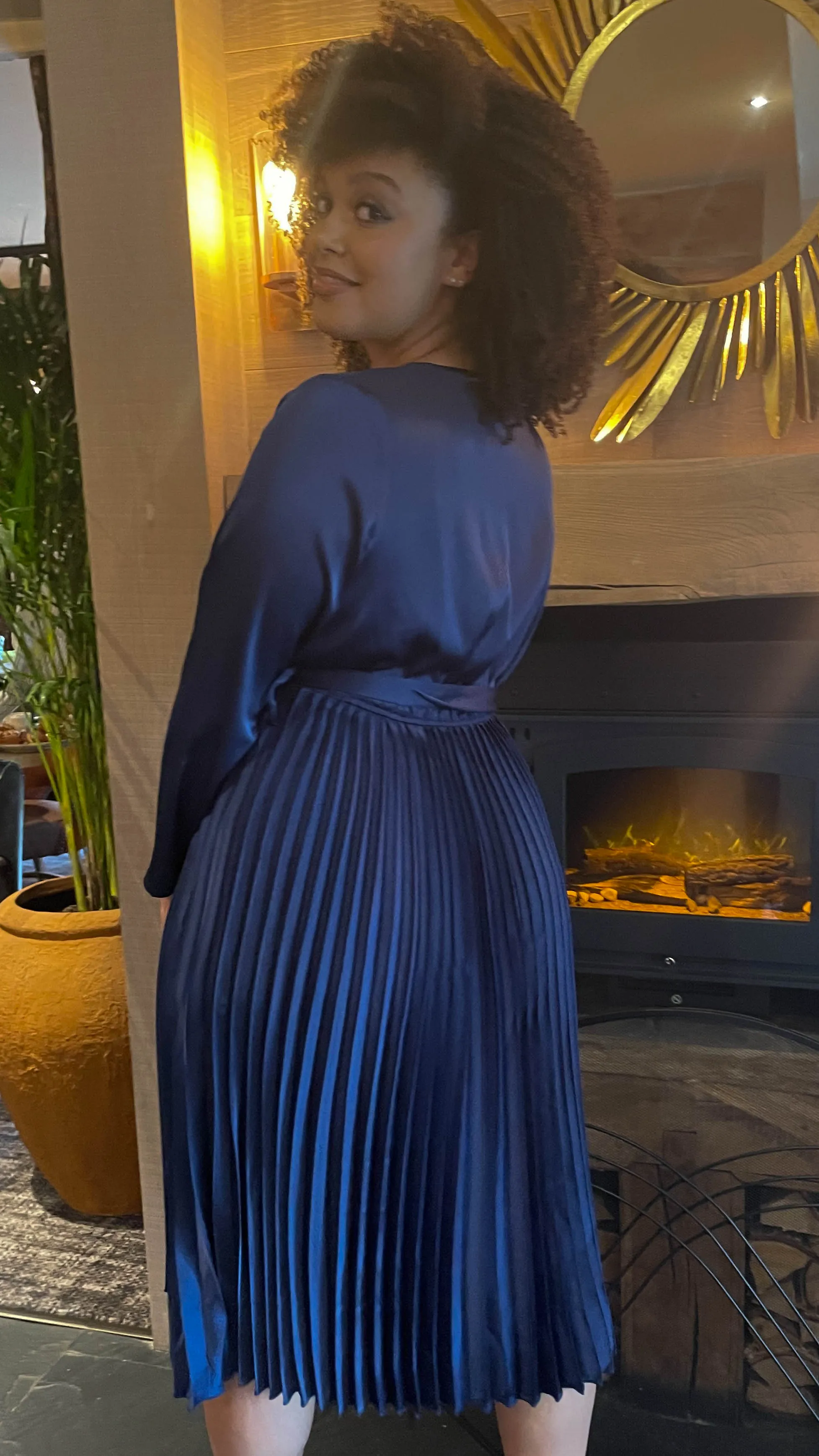 CurveWow Long Sleeve Pleated Wrap Dress Navy