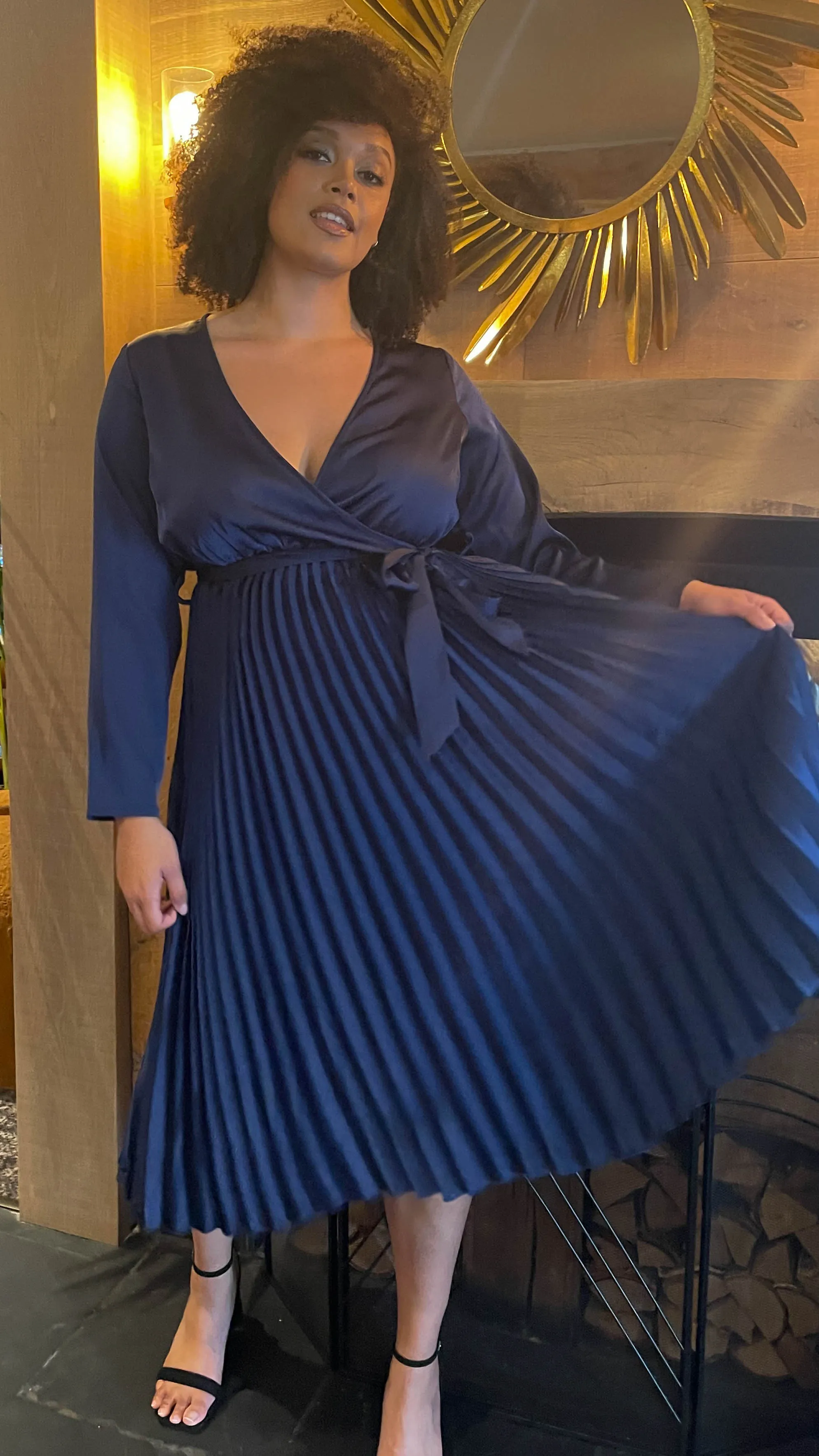 CurveWow Long Sleeve Pleated Wrap Dress Navy