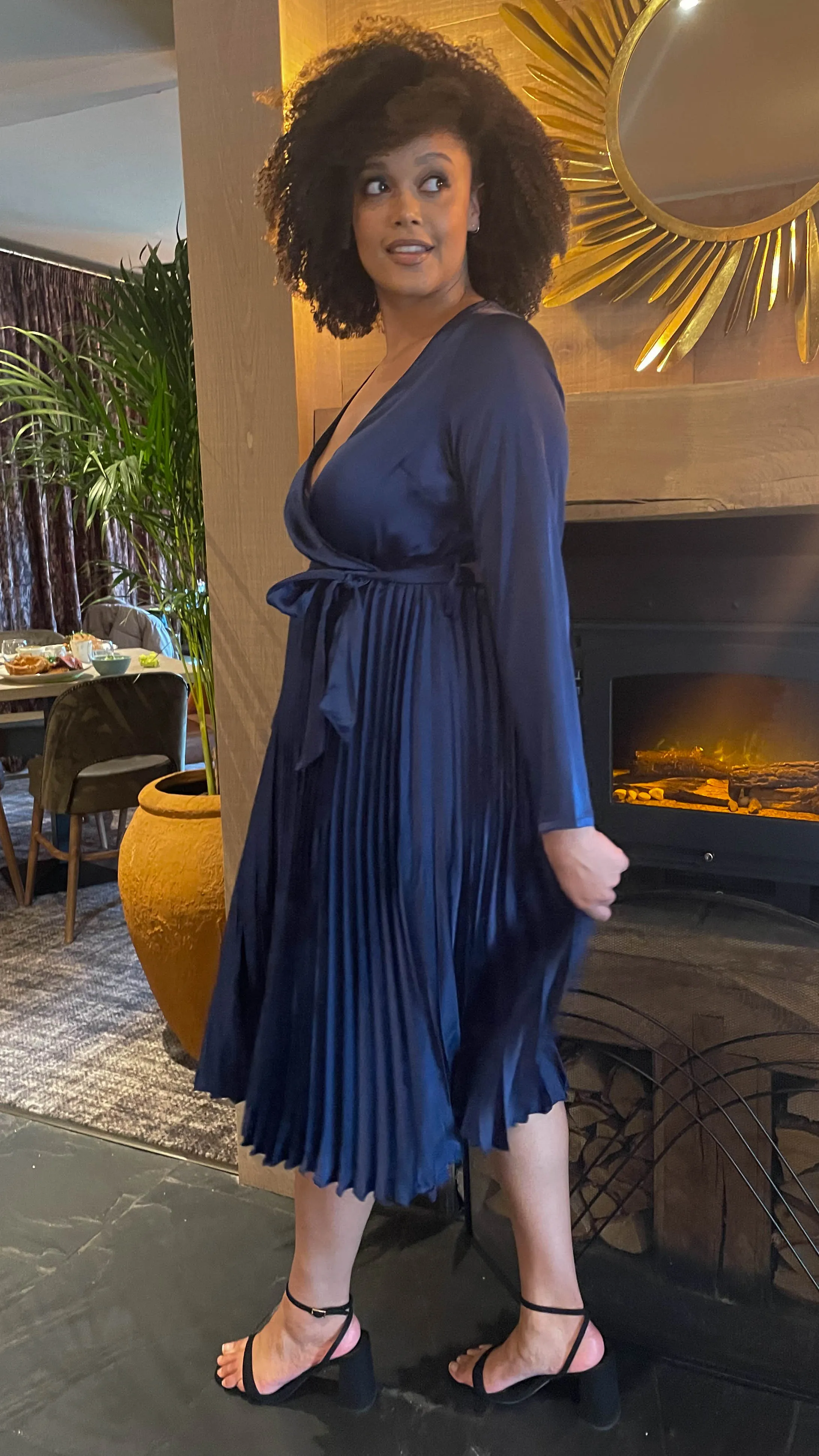 CurveWow Long Sleeve Pleated Wrap Dress Navy