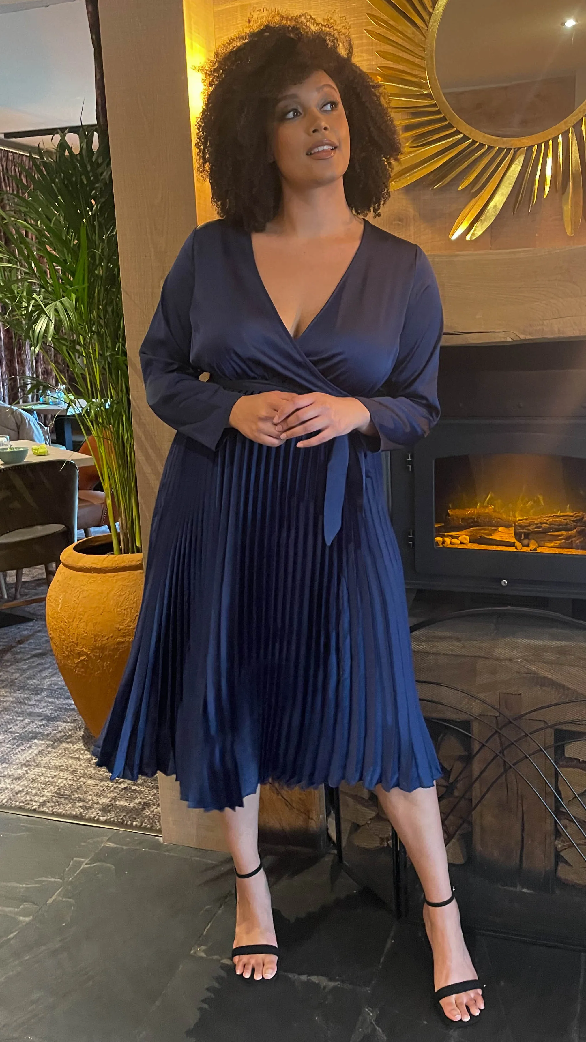 CurveWow Long Sleeve Pleated Wrap Dress Navy