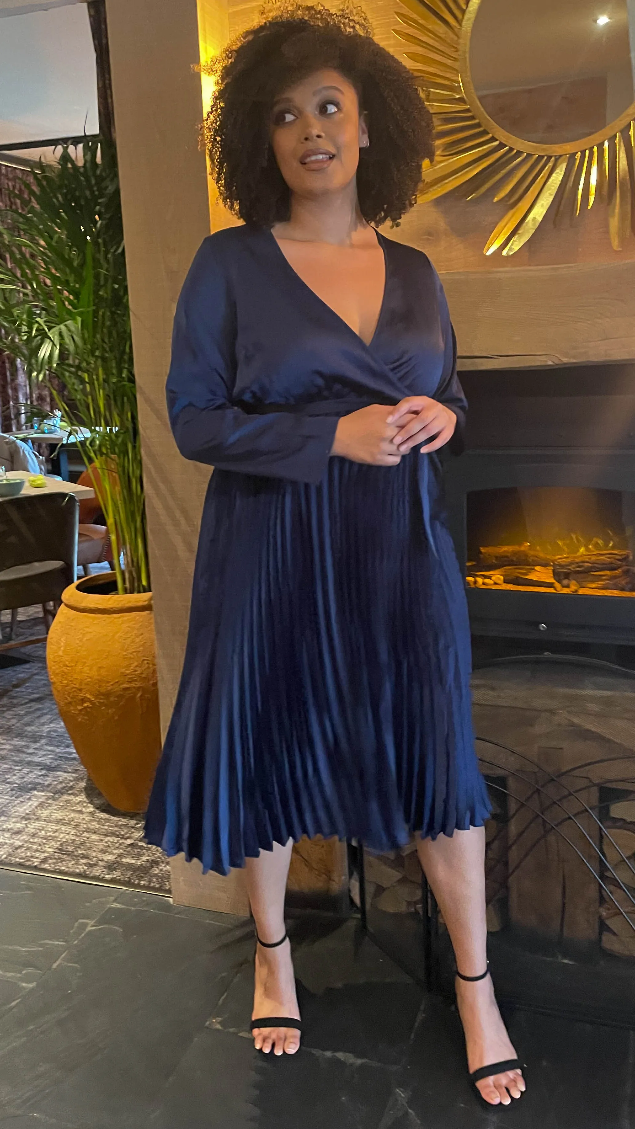CurveWow Long Sleeve Pleated Wrap Dress Navy