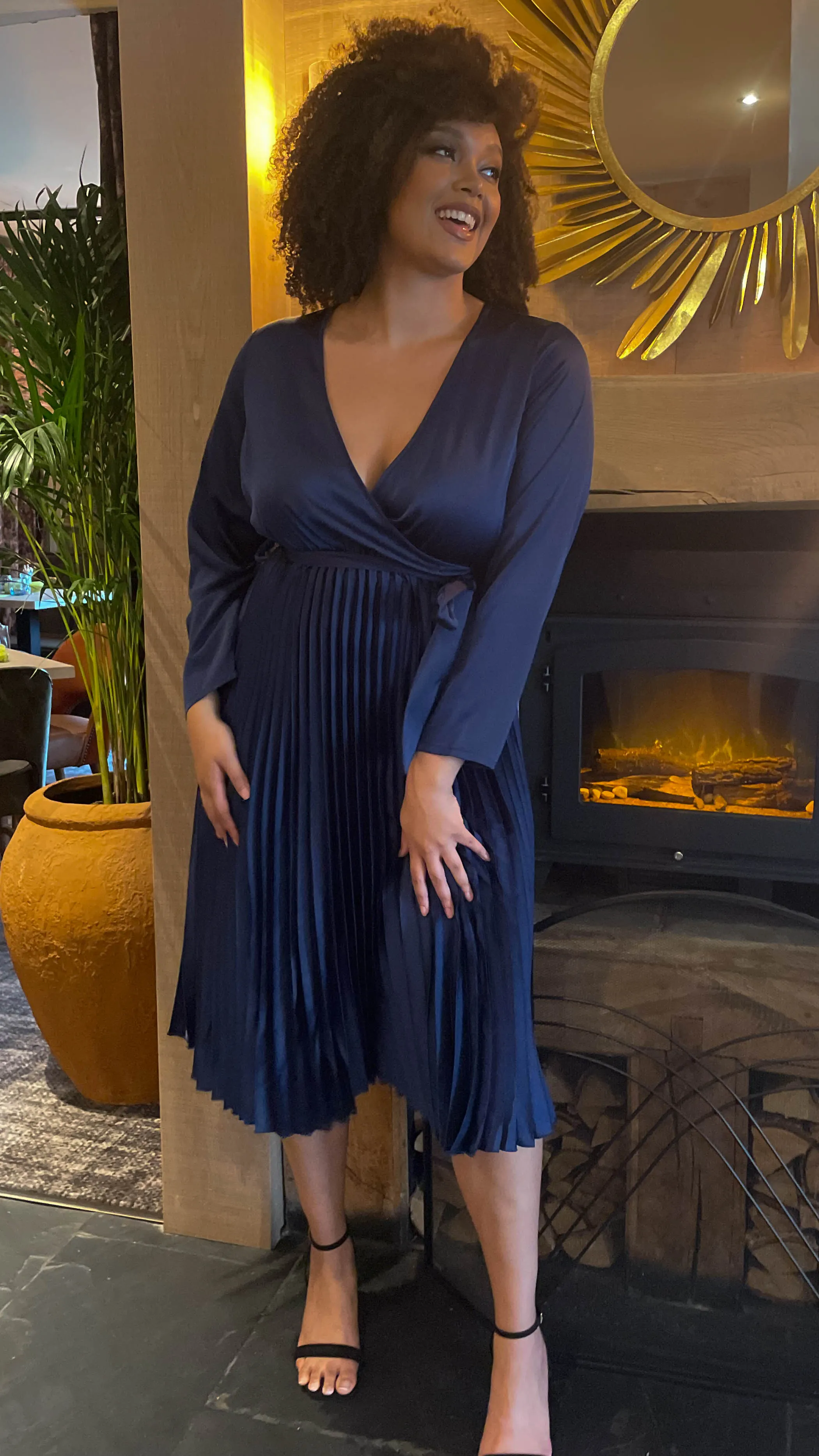 CurveWow Long Sleeve Pleated Wrap Dress Navy