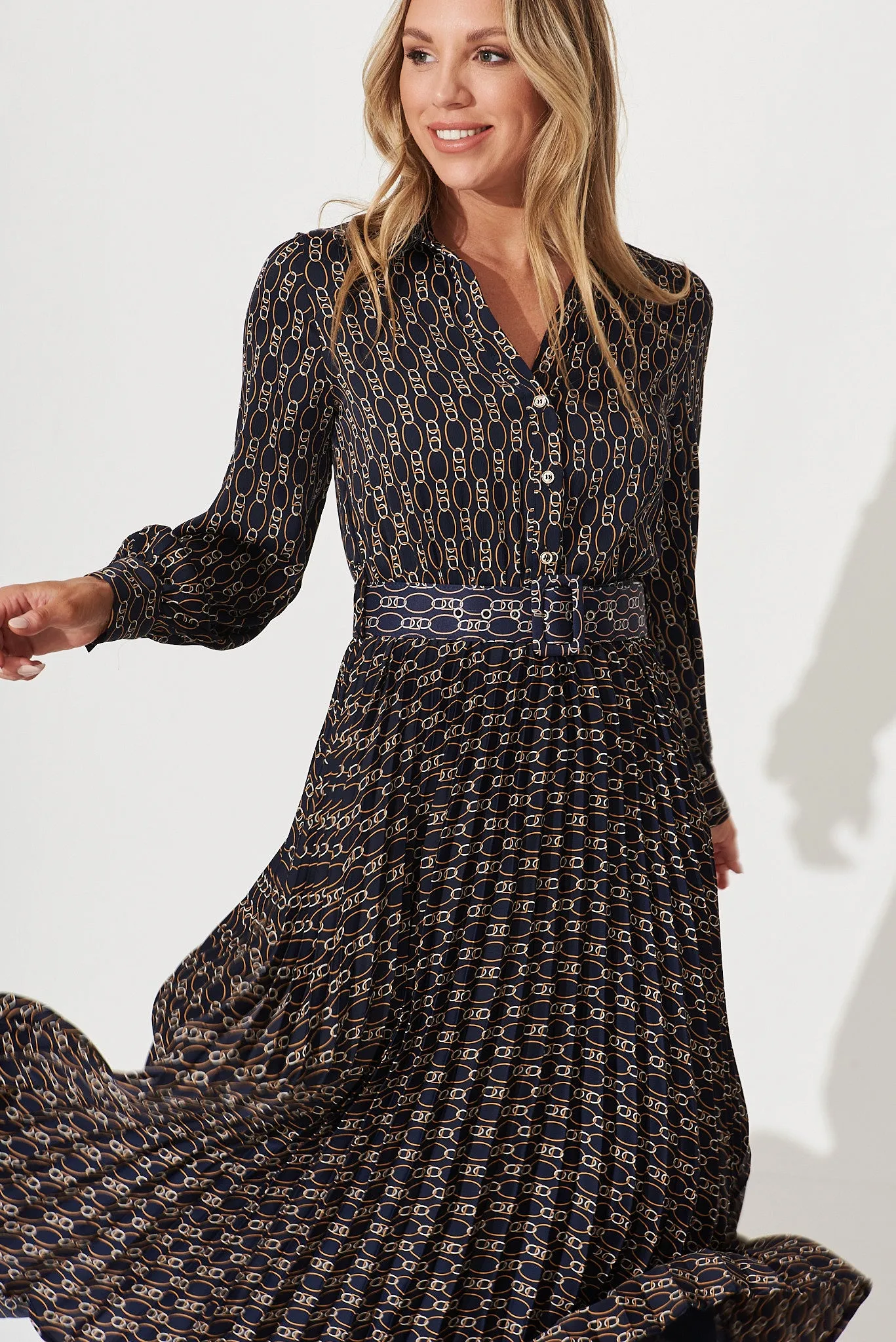 Cyrus Midi Dress In Navy Chain Print Satin