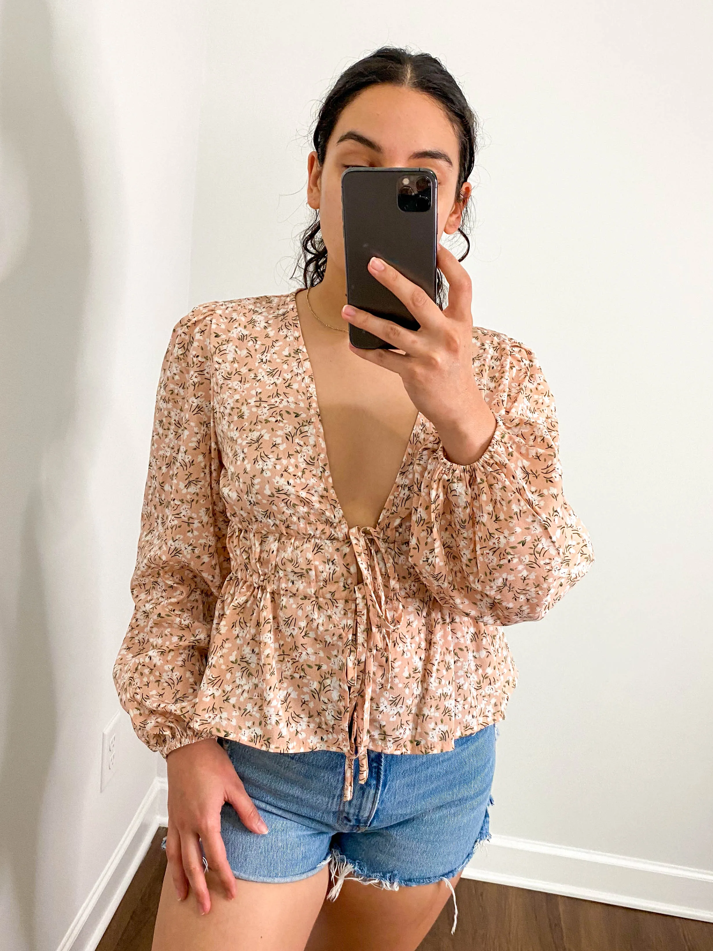 Deep V Adjustable Drawstring Floral Blouse