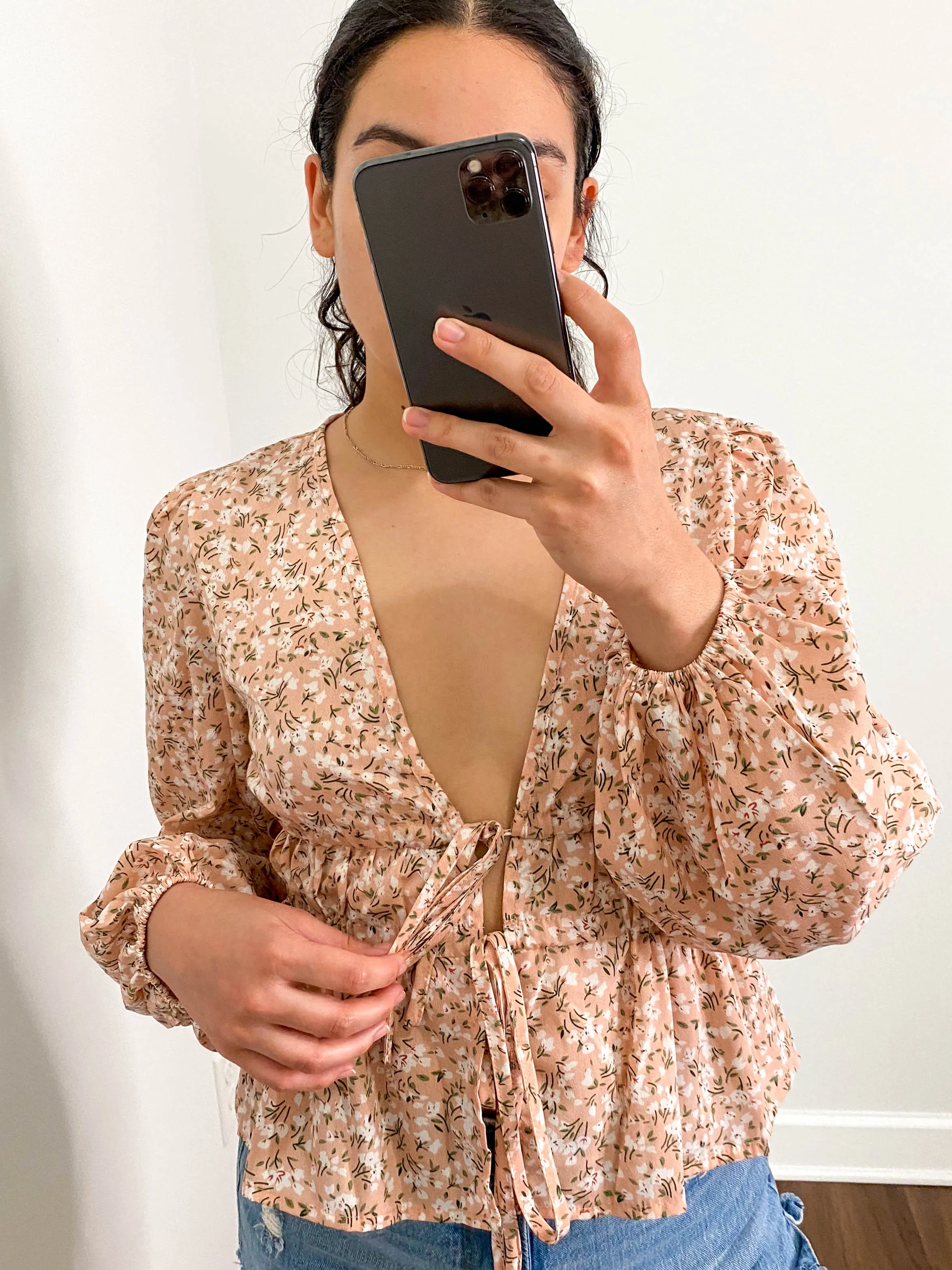 Deep V Adjustable Drawstring Floral Blouse