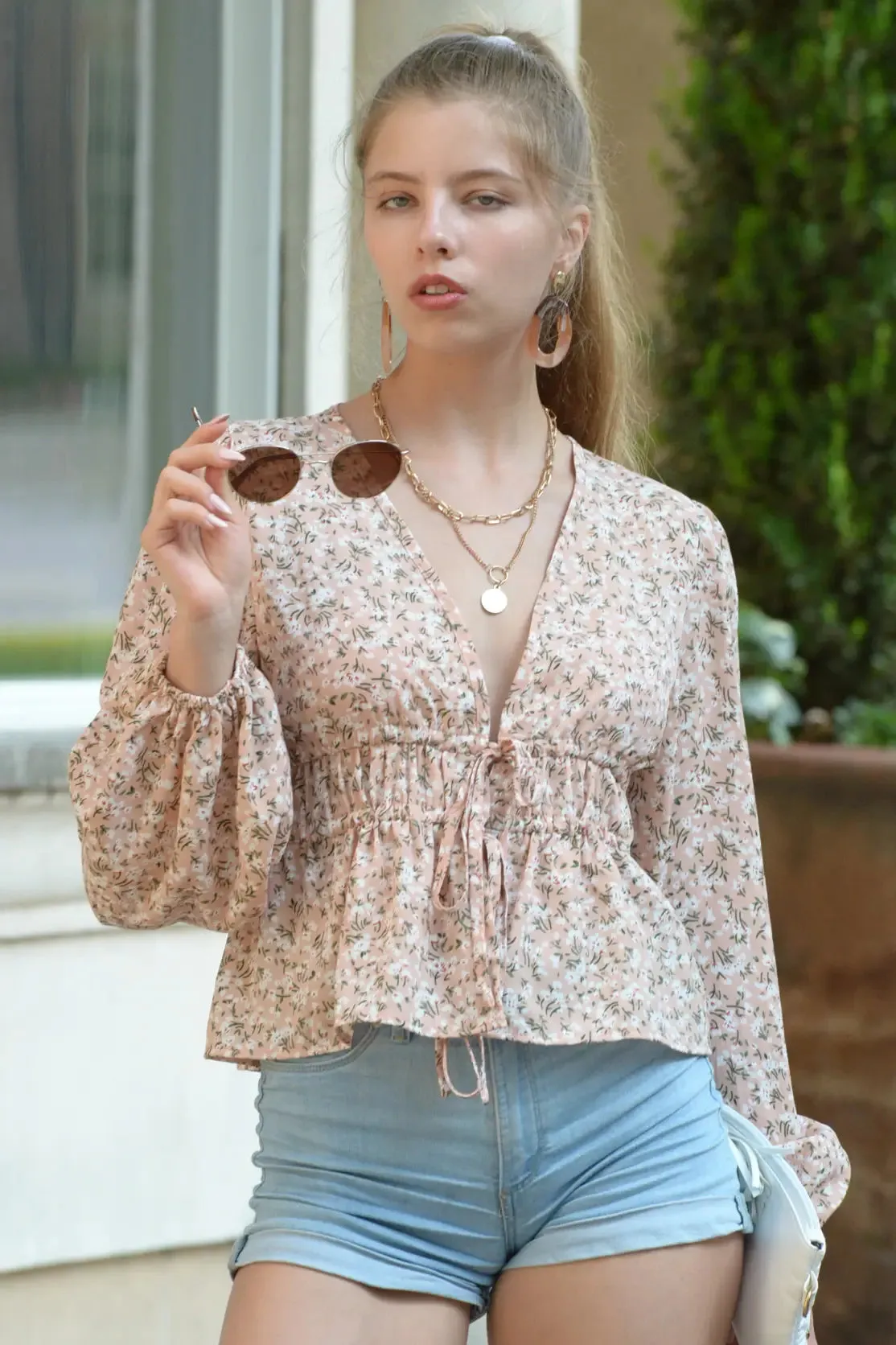 Deep V Adjustable Drawstring Floral Blouse