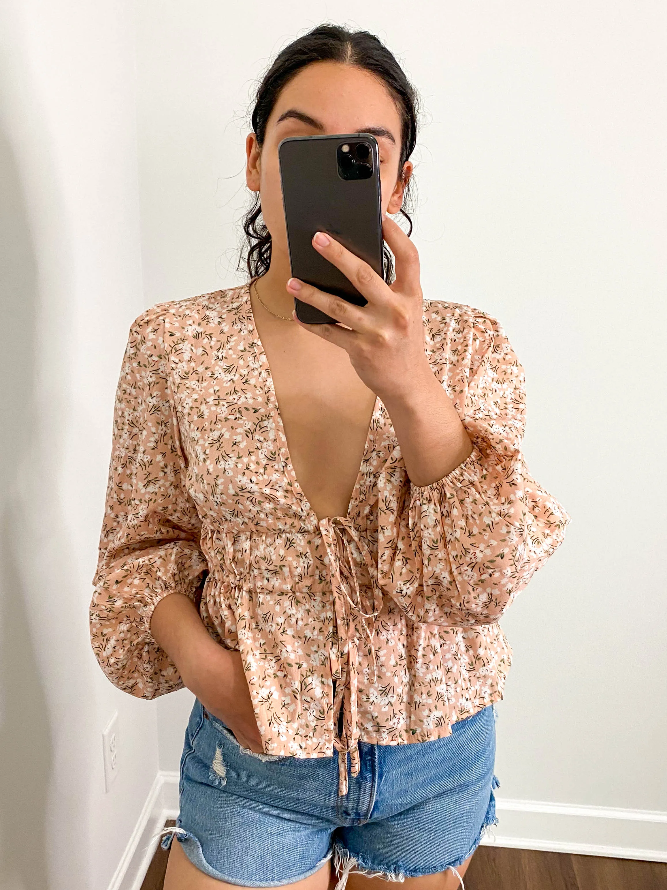 Deep V Adjustable Drawstring Floral Blouse