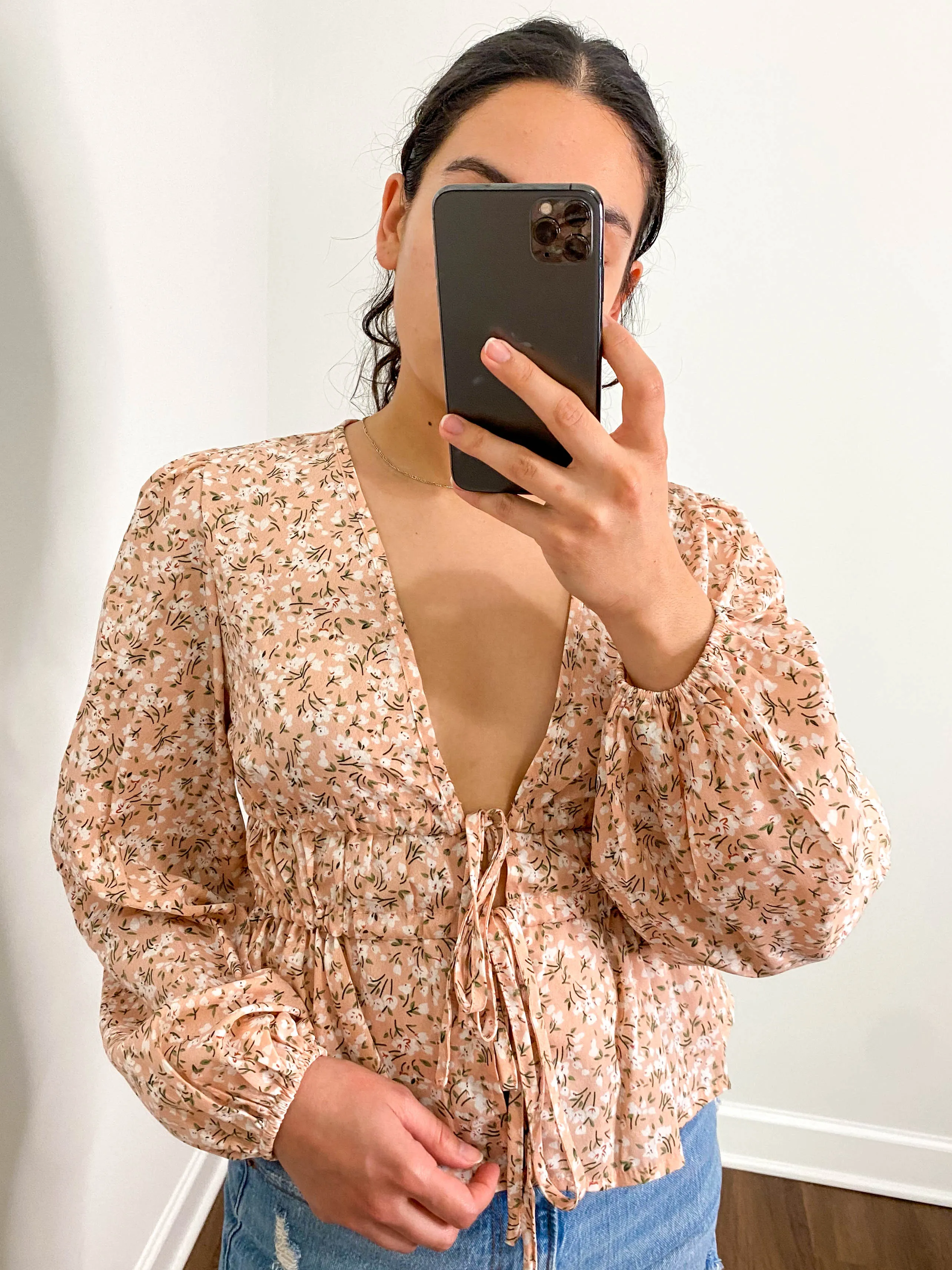 Deep V Adjustable Drawstring Floral Blouse