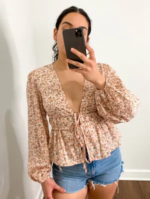 Deep V Adjustable Drawstring Floral Blouse