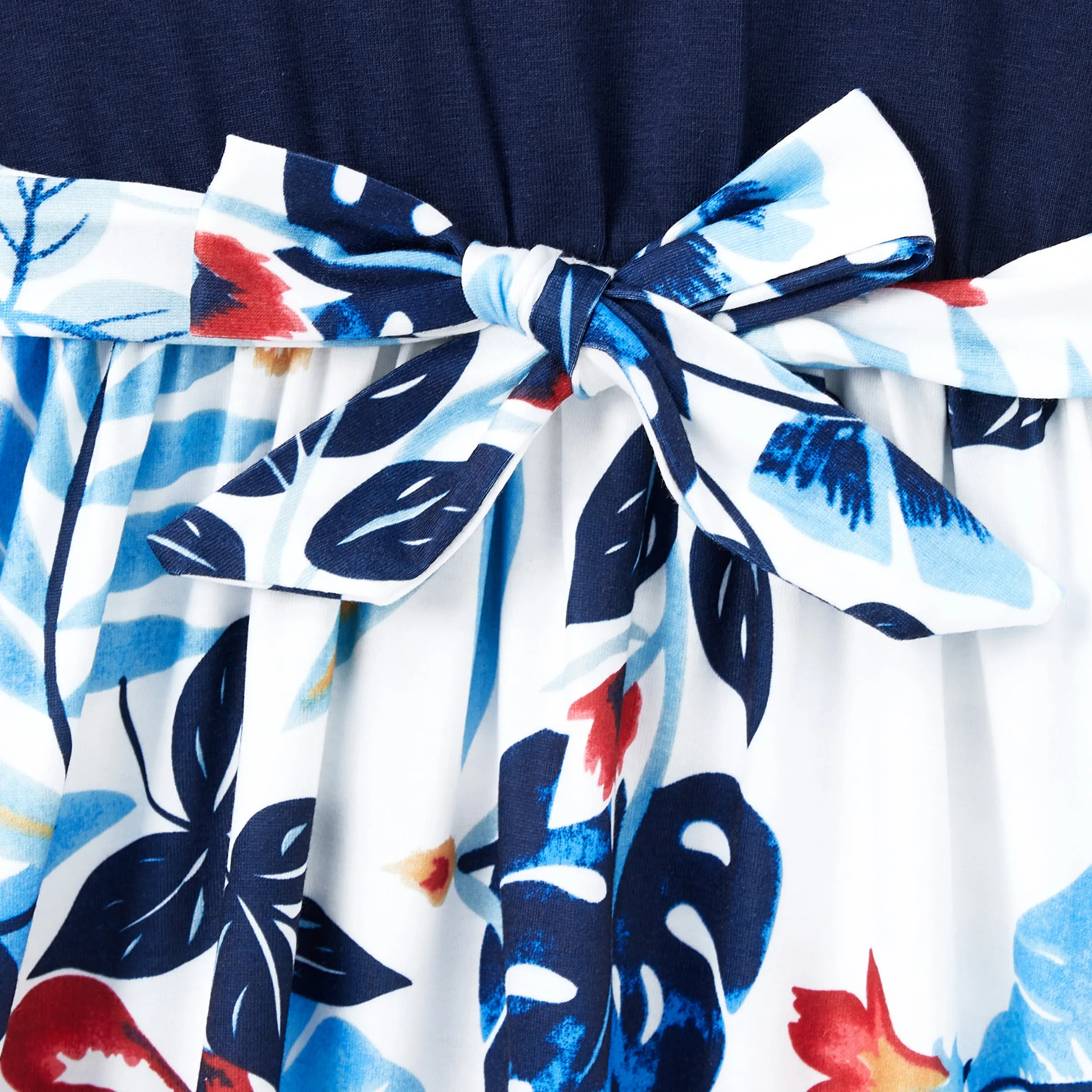 Family Matching Sets Cotton Stripe Short Sleeves Tee or Flutter Sleeves Spliced Floral Pattern Belted Dress