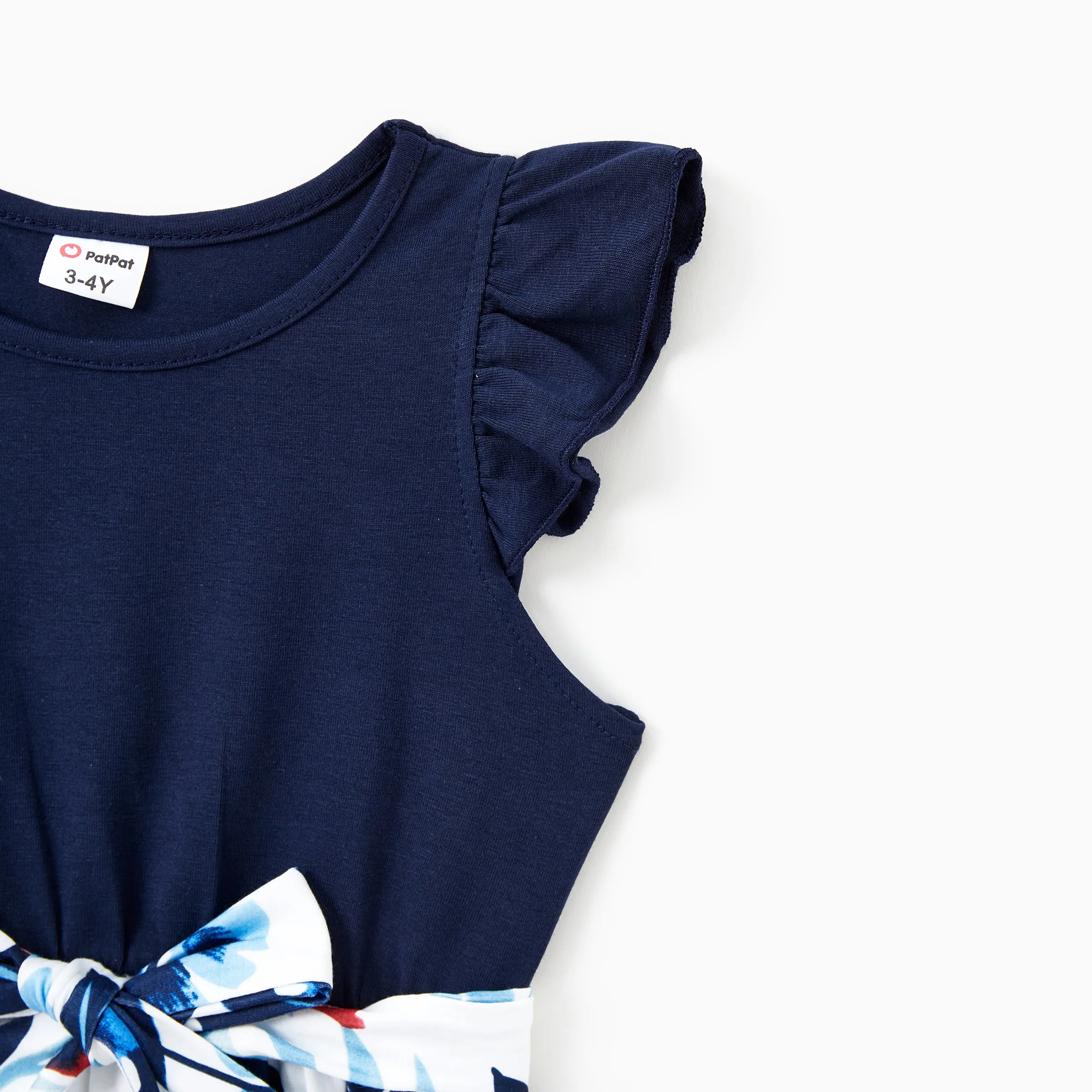 Family Matching Sets Cotton Stripe Short Sleeves Tee or Flutter Sleeves Spliced Floral Pattern Belted Dress