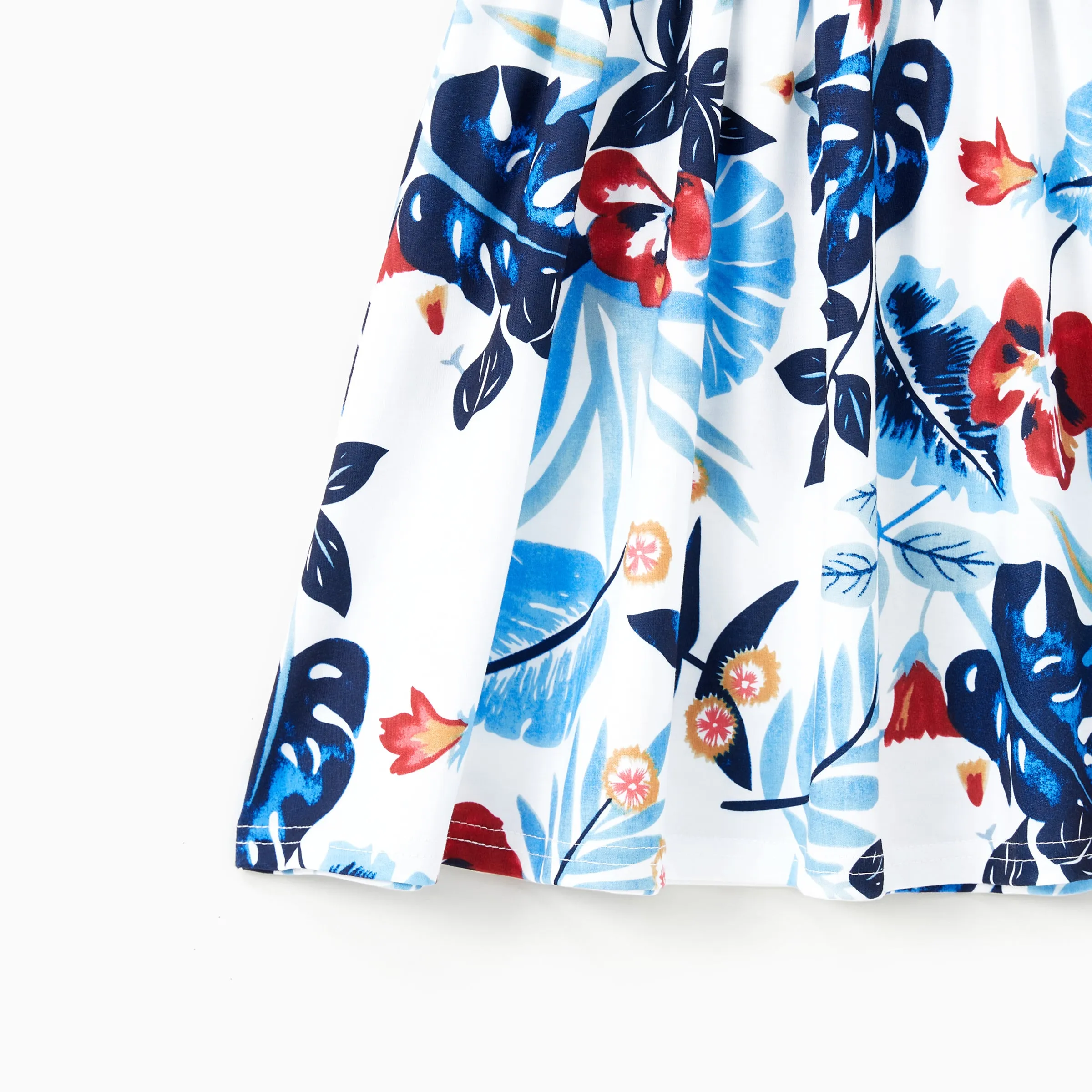 Family Matching Sets Cotton Stripe Short Sleeves Tee or Flutter Sleeves Spliced Floral Pattern Belted Dress