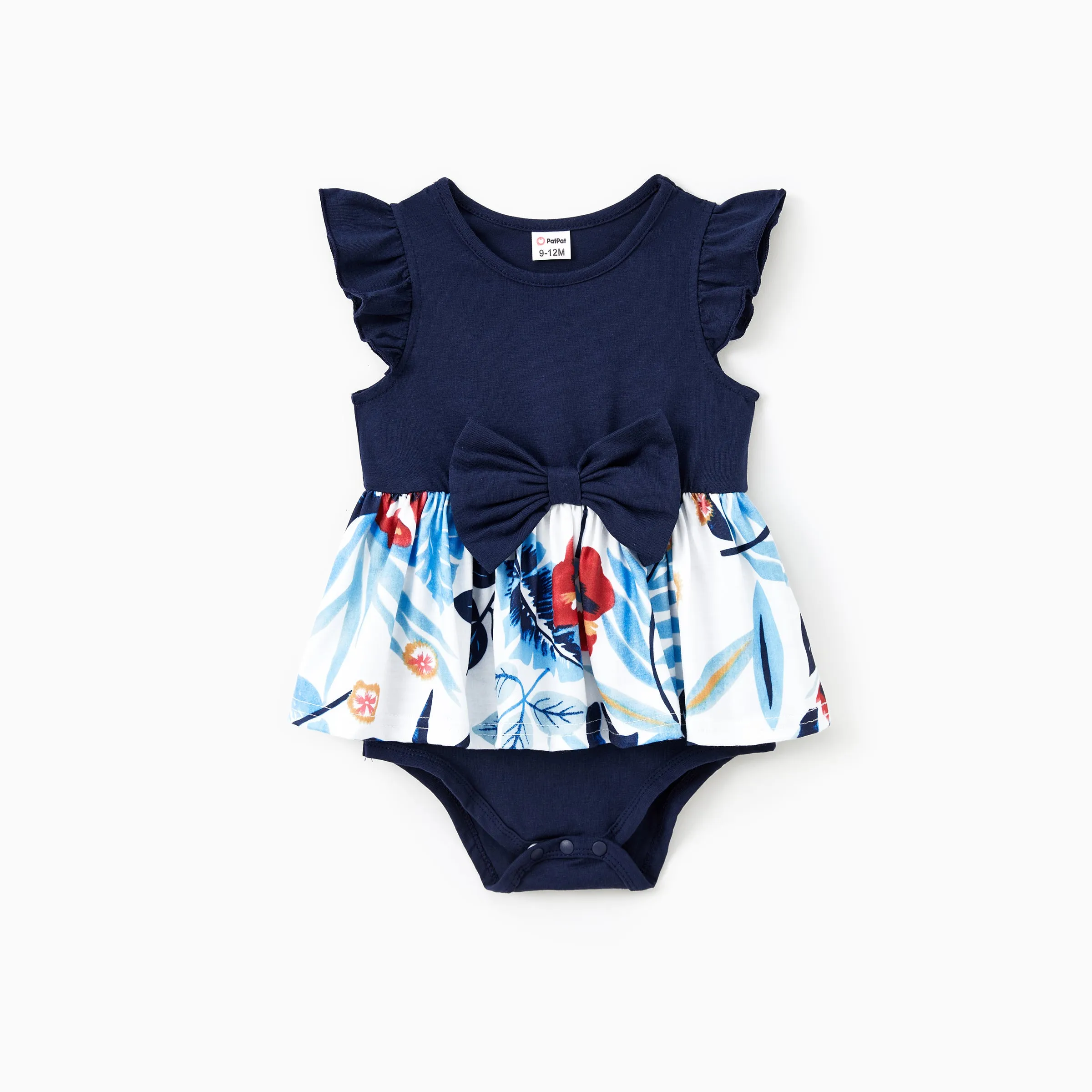 Family Matching Sets Cotton Stripe Short Sleeves Tee or Flutter Sleeves Spliced Floral Pattern Belted Dress