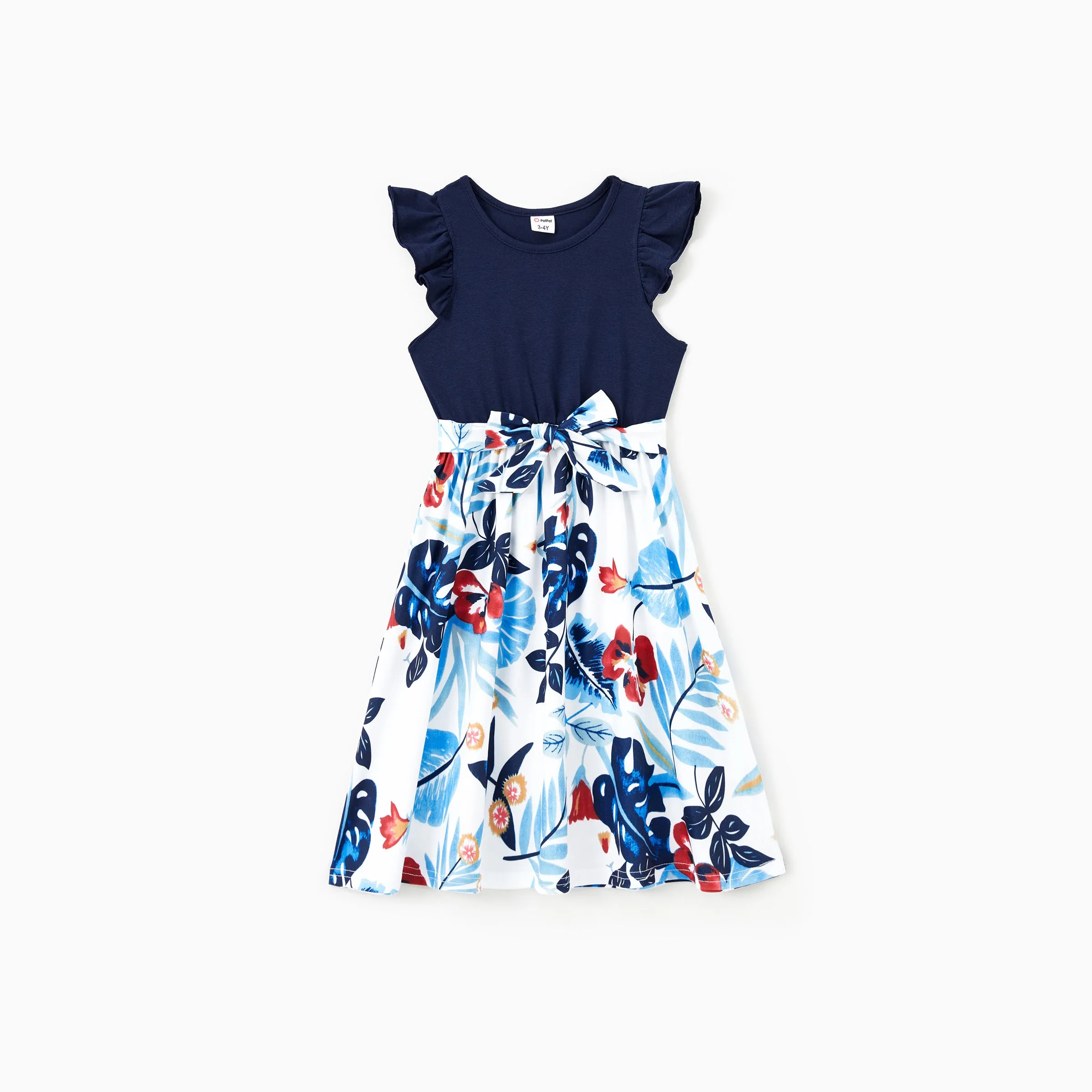 Family Matching Sets Cotton Stripe Short Sleeves Tee or Flutter Sleeves Spliced Floral Pattern Belted Dress