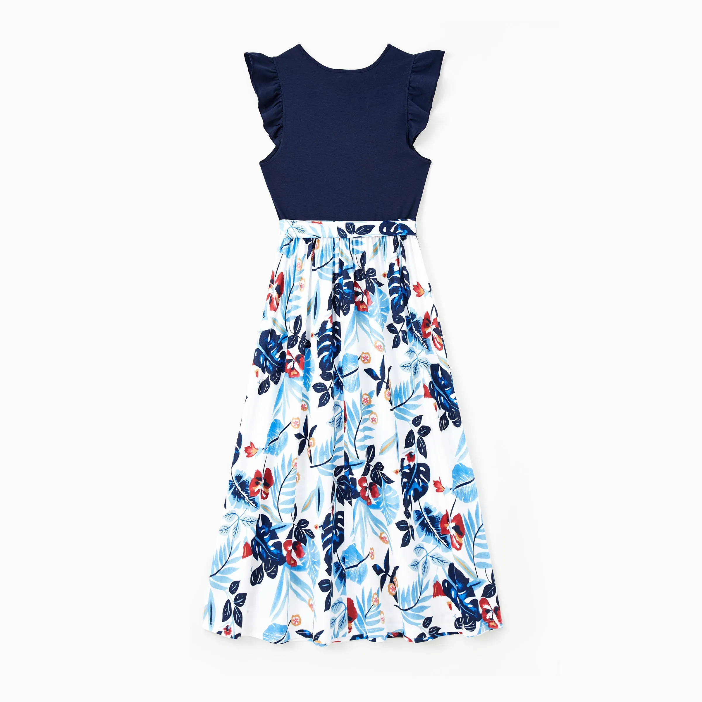 Family Matching Sets Cotton Stripe Short Sleeves Tee or Flutter Sleeves Spliced Floral Pattern Belted Dress