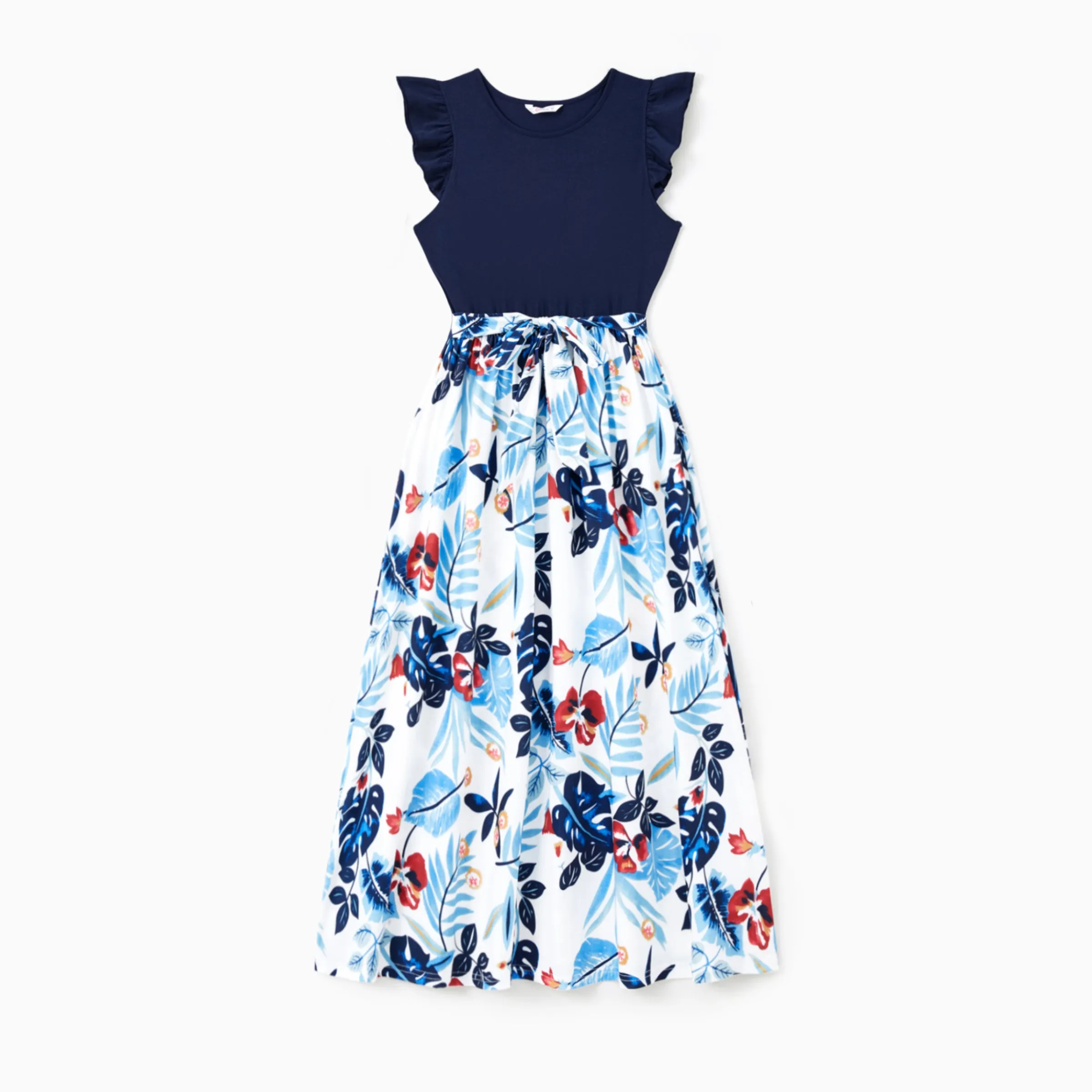 Family Matching Sets Cotton Stripe Short Sleeves Tee or Flutter Sleeves Spliced Floral Pattern Belted Dress