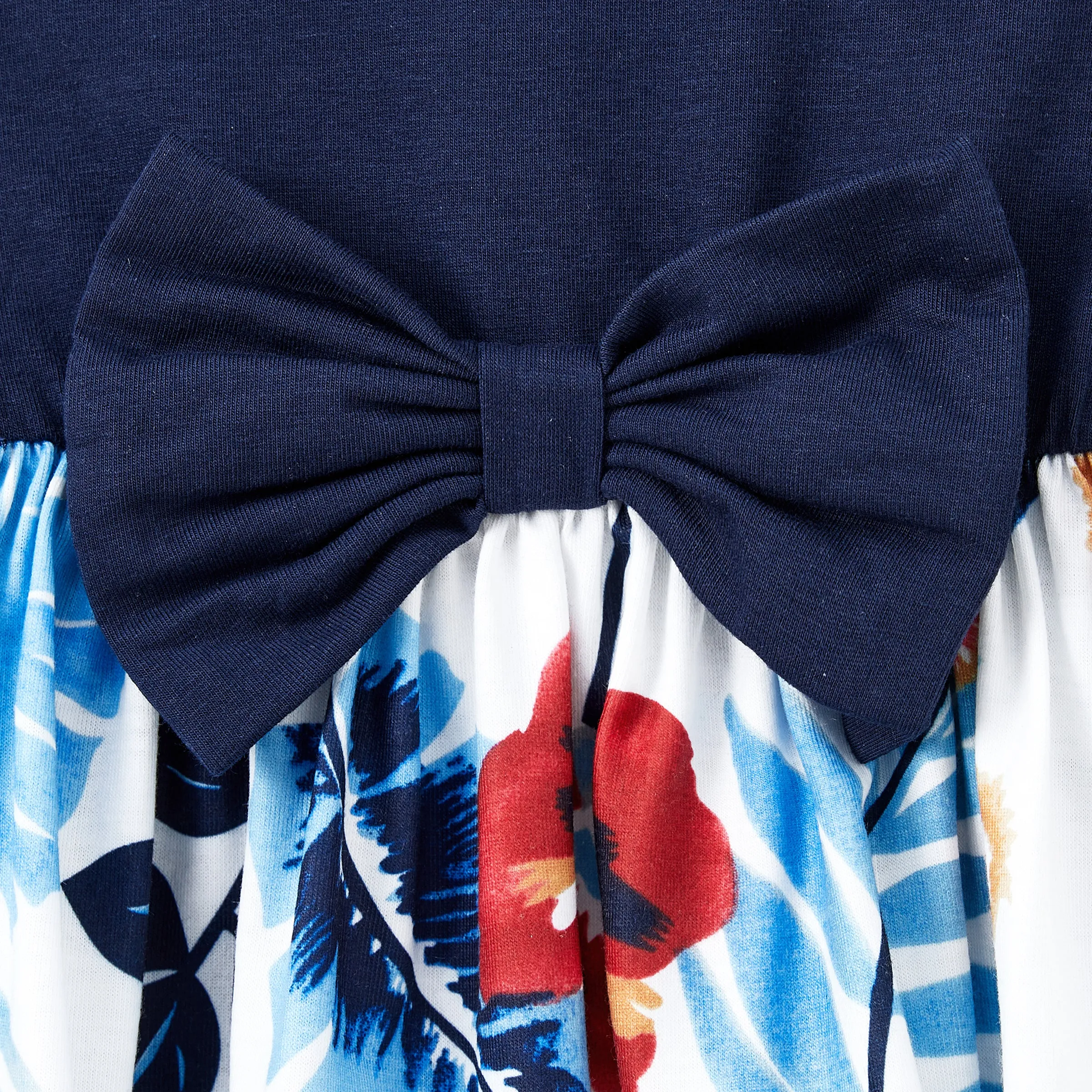 Family Matching Sets Cotton Stripe Short Sleeves Tee or Flutter Sleeves Spliced Floral Pattern Belted Dress