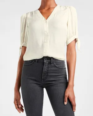 Floral Jacquard Puff Sleeve Tie Cuff Shirt in Swan