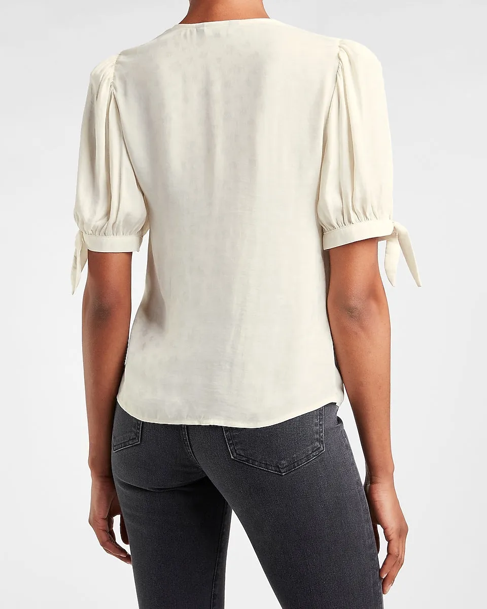 Floral Jacquard Puff Sleeve Tie Cuff Shirt in Swan
