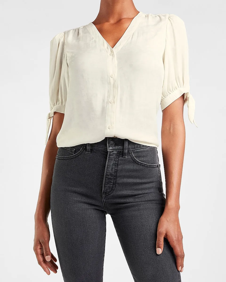 Floral Jacquard Puff Sleeve Tie Cuff Shirt in Swan