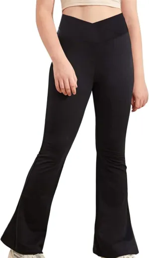 Girls Crossover Bell Bottoms Leggings High Waisted Solid Yoga Pants Kids Bootcut Flare Trousers Stretchy Dance Pants