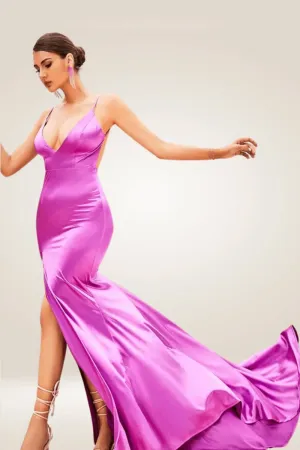 High Slit Pink Satin Dress