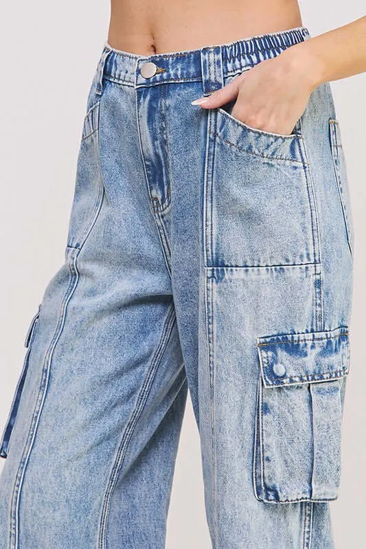 High Waisted Baggy Cargo Ankle Length Jeans
