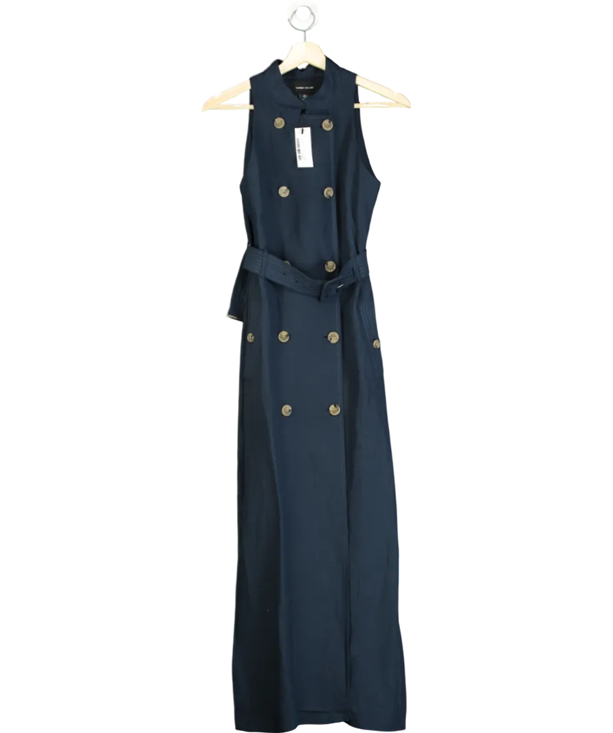 Karen Millen Blue Premium Tailored Linen Double Breasted Belted Midi Dress UK 6