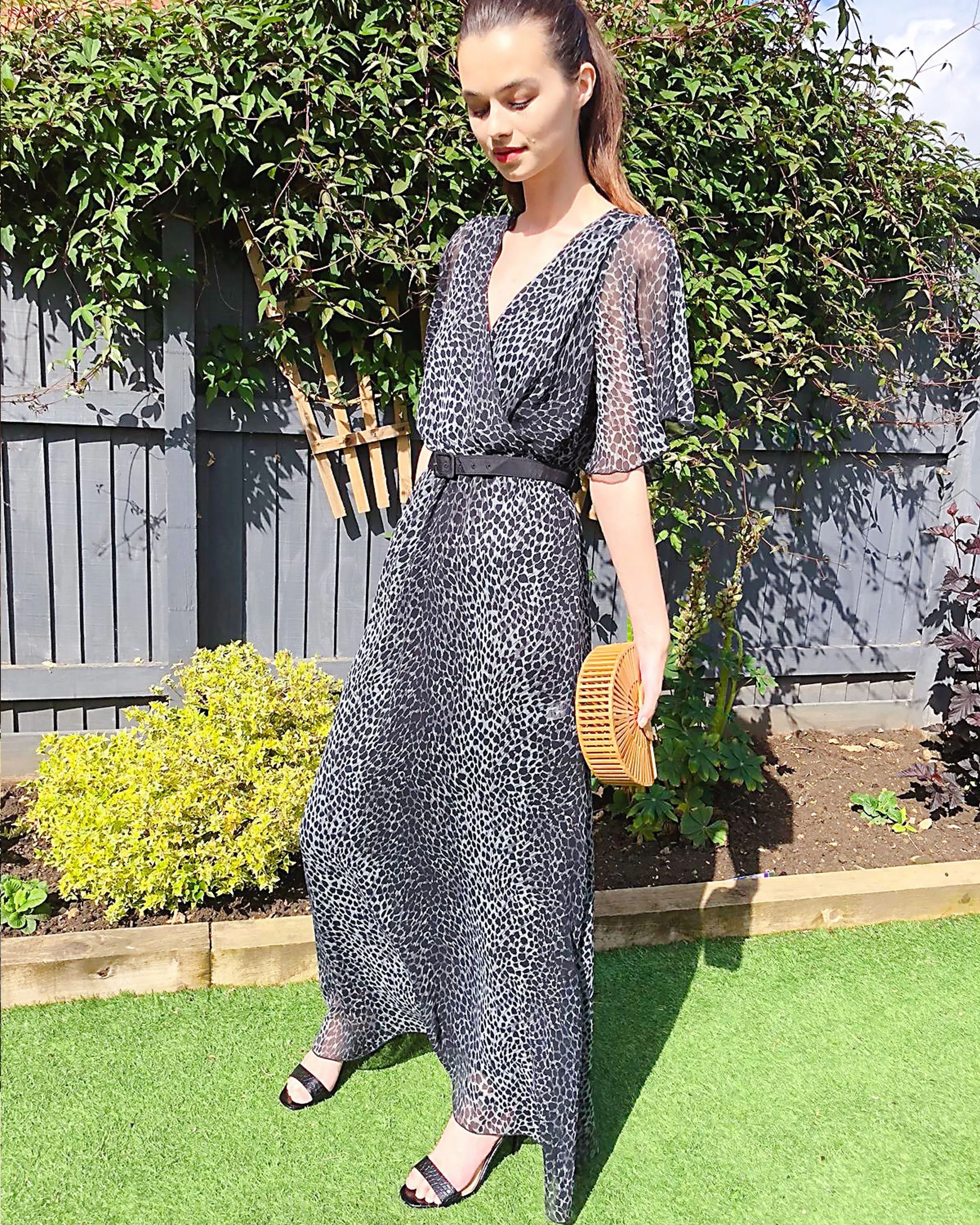 Lady Black Leopard Print Chiffon Wrap Maxi Dress