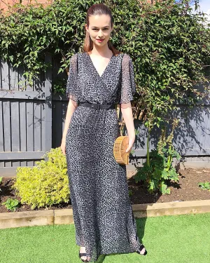 Lady Black Leopard Print Chiffon Wrap Maxi Dress