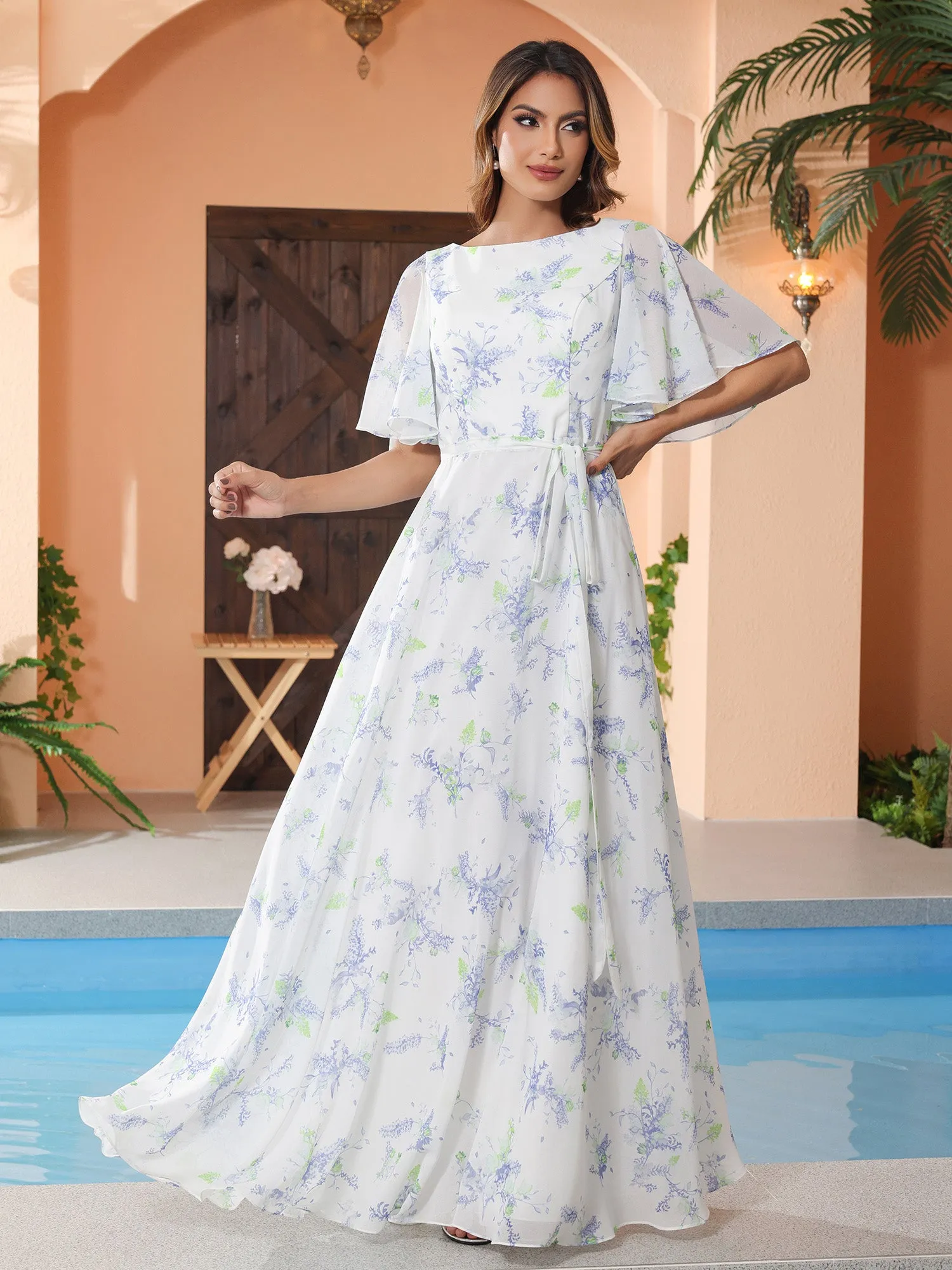 Lavender Floral Flutter Sleeves Chiffon Max Dresses with Sash Bow