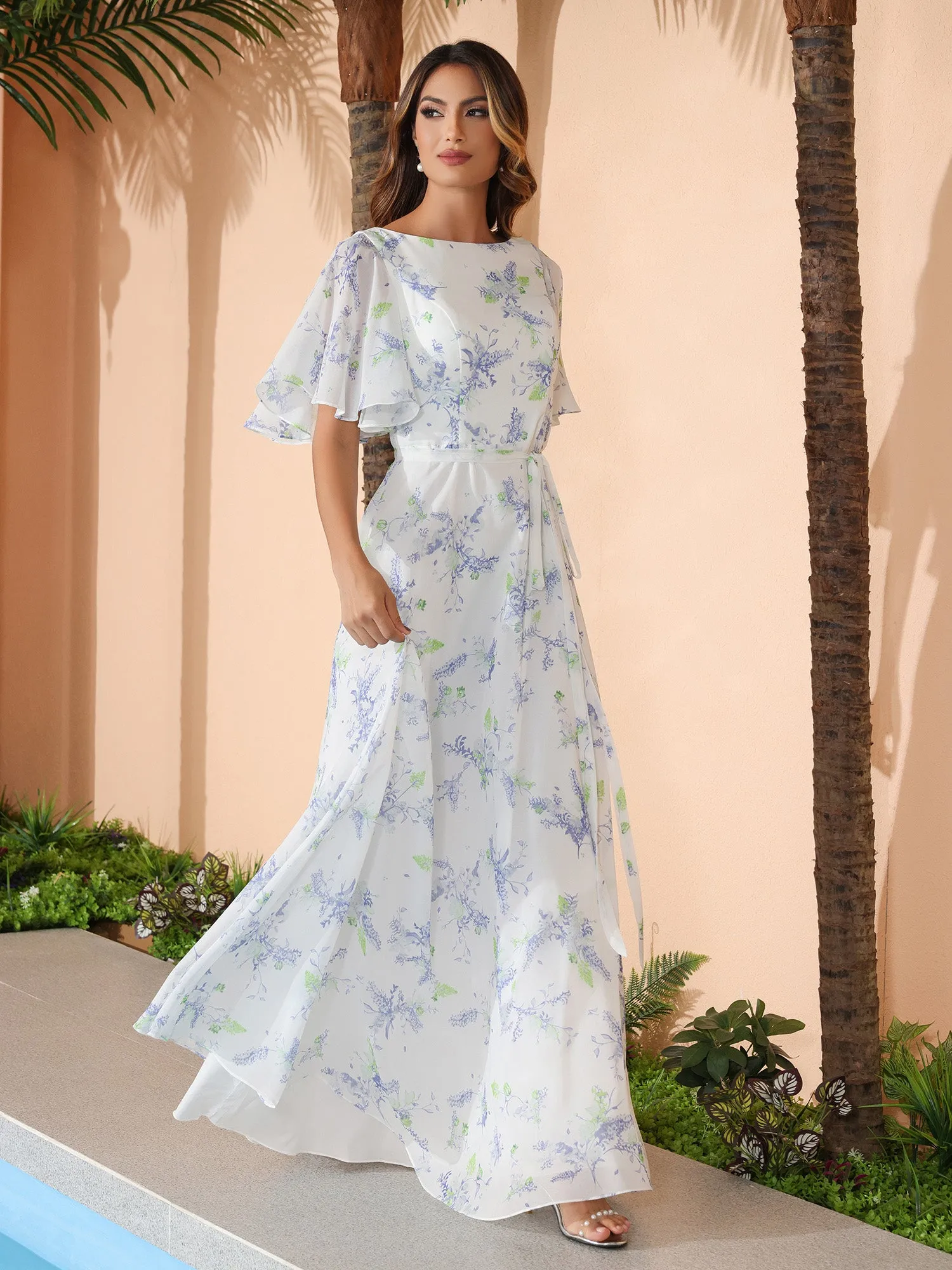 Lavender Floral Flutter Sleeves Chiffon Max Dresses with Sash Bow