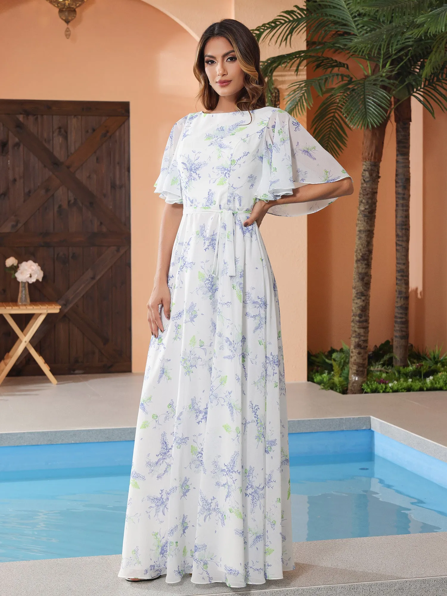 Lavender Floral Flutter Sleeves Chiffon Max Dresses with Sash Bow