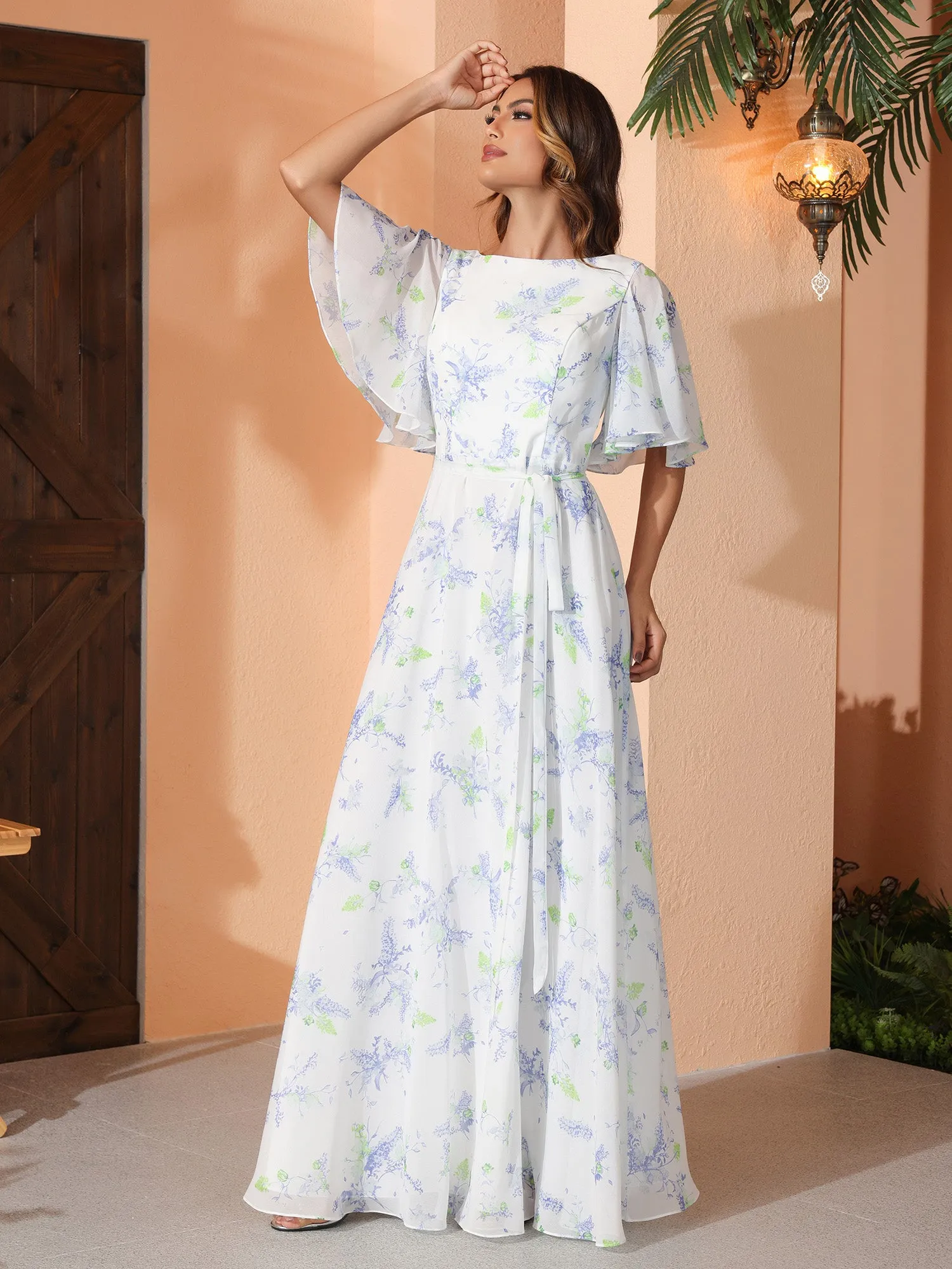 Lavender Floral Flutter Sleeves Chiffon Max Dresses with Sash Bow