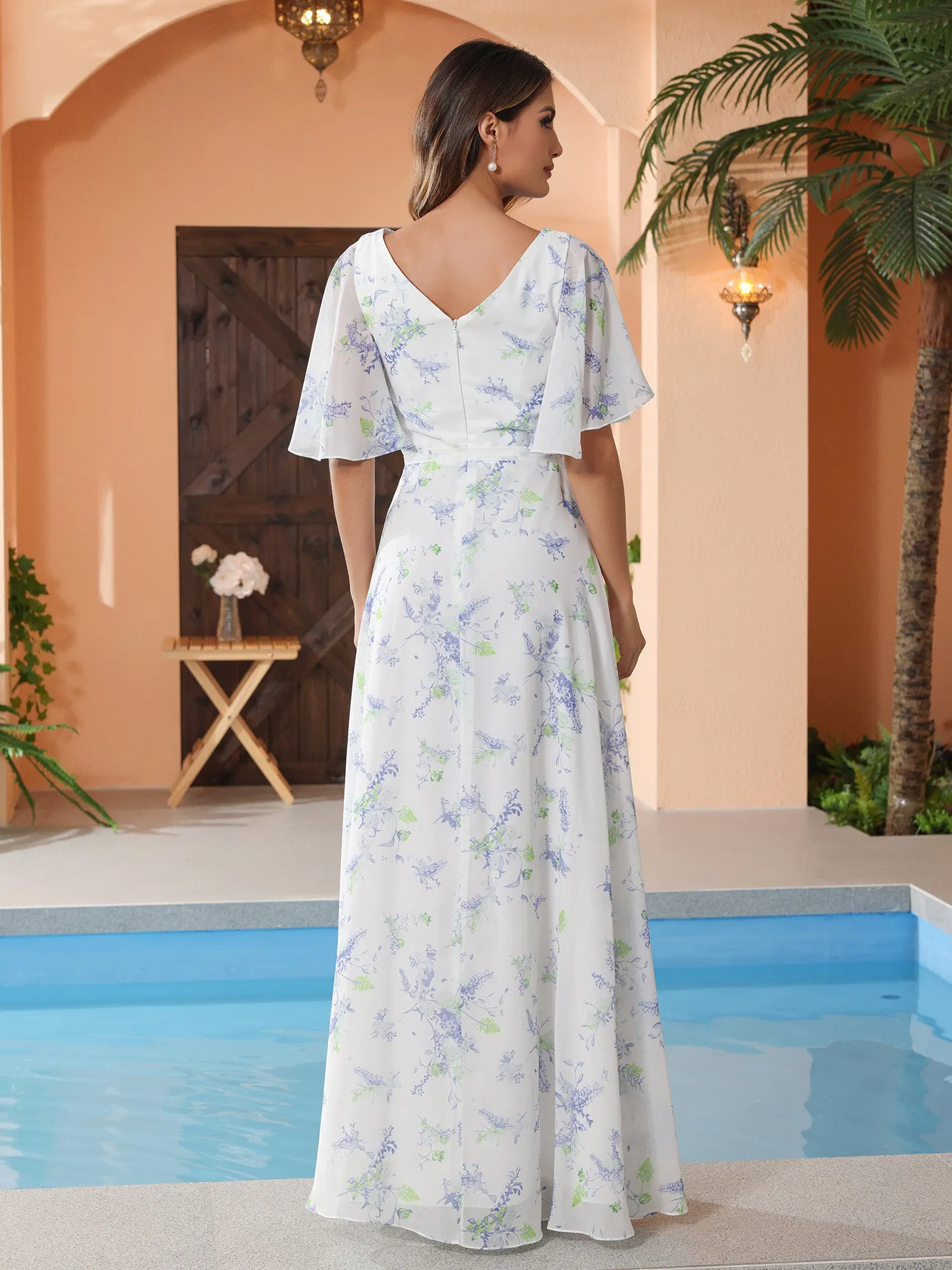 Lavender Floral Flutter Sleeves Chiffon Max Dresses with Sash Bow