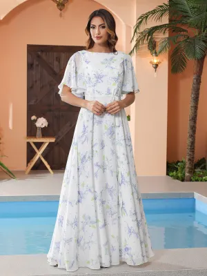 Lavender Floral Flutter Sleeves Chiffon Max Dresses with Sash Bow