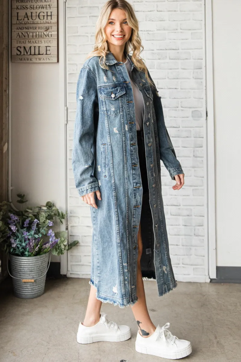 Long Distressed Denim Jacket