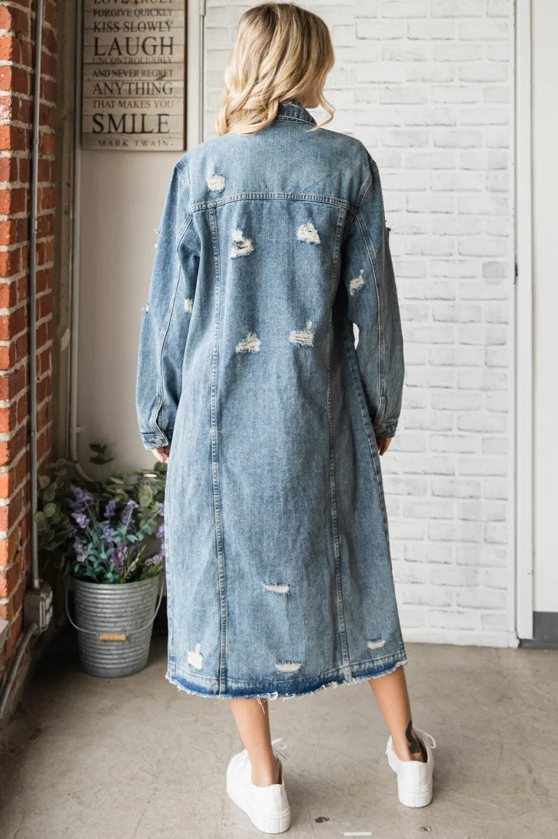 Long Distressed Denim Jacket