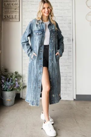 Long Distressed Denim Jacket